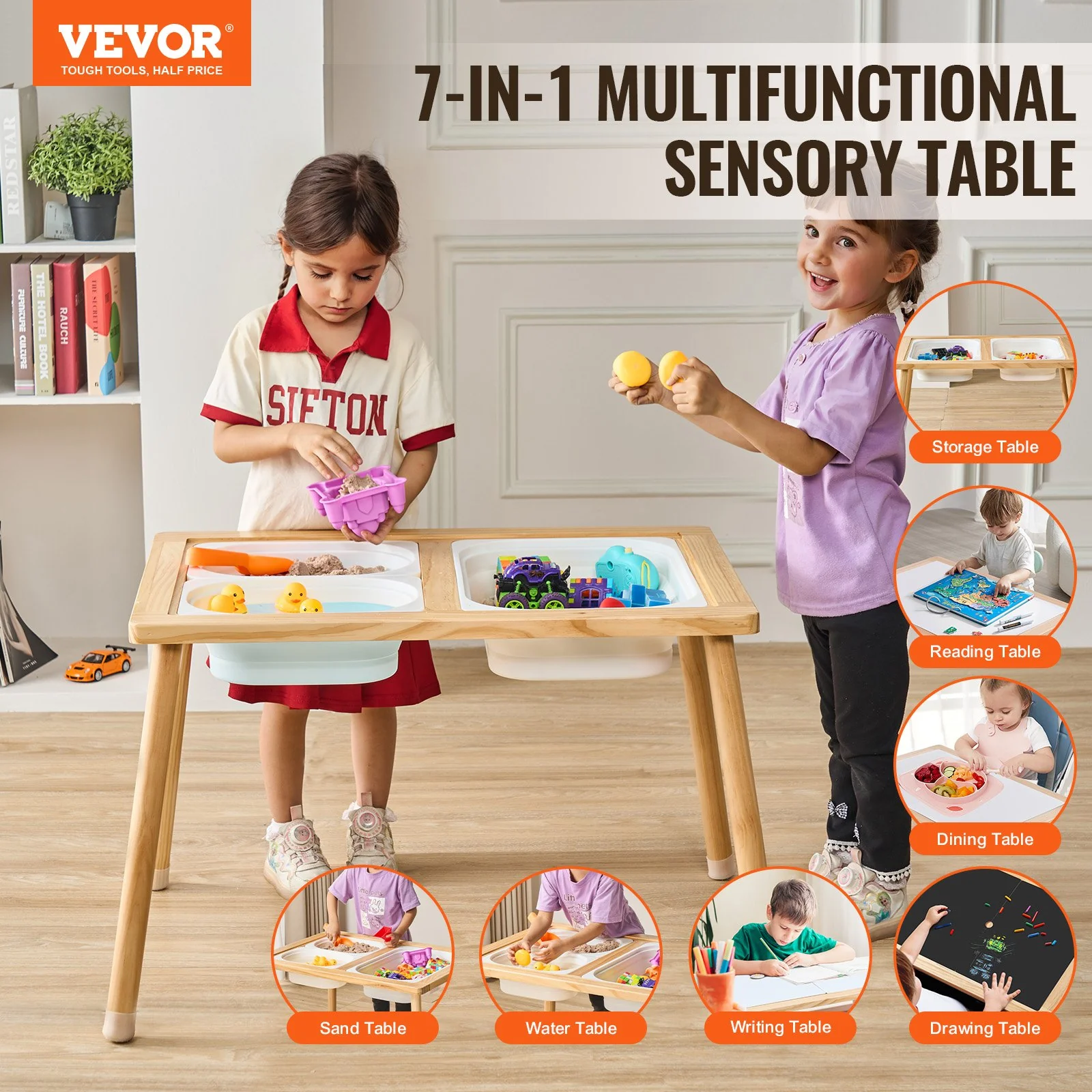 VEVOR Kids Sensory Table Indoor Wooden Play Sand Water Table with 3 Storage Bins - Image 2