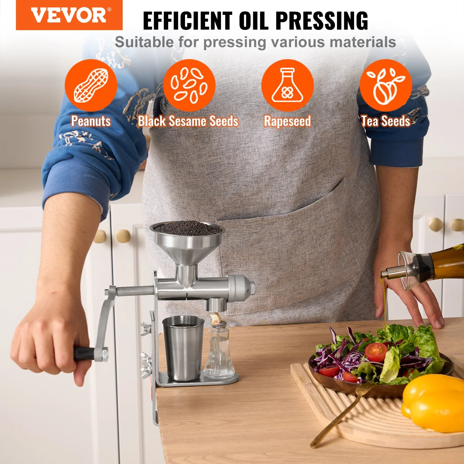 VEVOR Manual Oil Press Machine, Stainless Steel Oil Extractor Machine, Detachable Oil Presser for Effortless Cleaning, Household Oil Expeller for Pressing Peanuts, Sesame Seeds, Rapeseed, Tea Seeds - Image 2