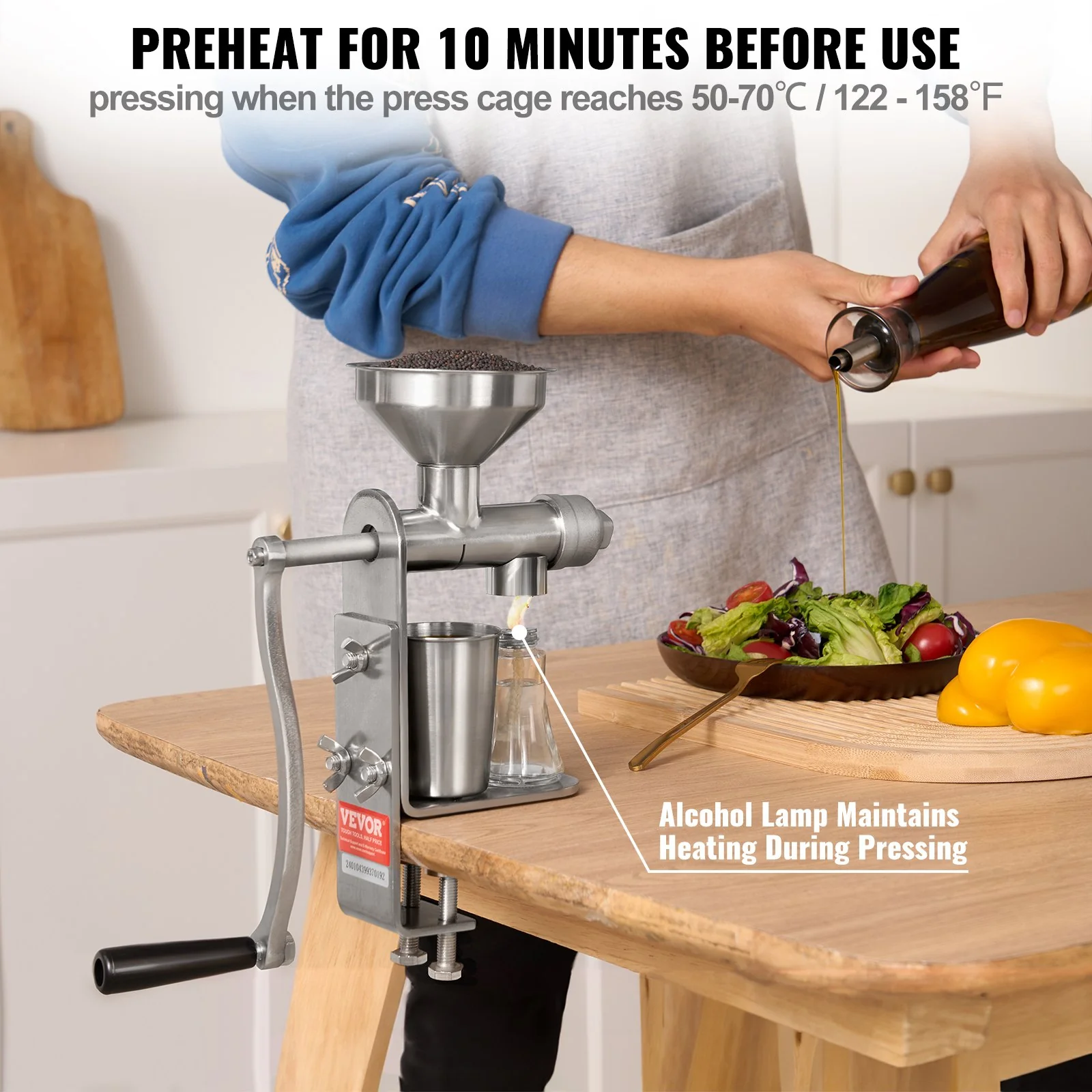 VEVOR Manual Oil Press Machine, Stainless Steel Oil Extractor Machine, Detachable Oil Presser for Effortless Cleaning, Household Oil Expeller for Pressing Peanuts, Sesame Seeds, Rapeseed, Tea Seeds - Image 3