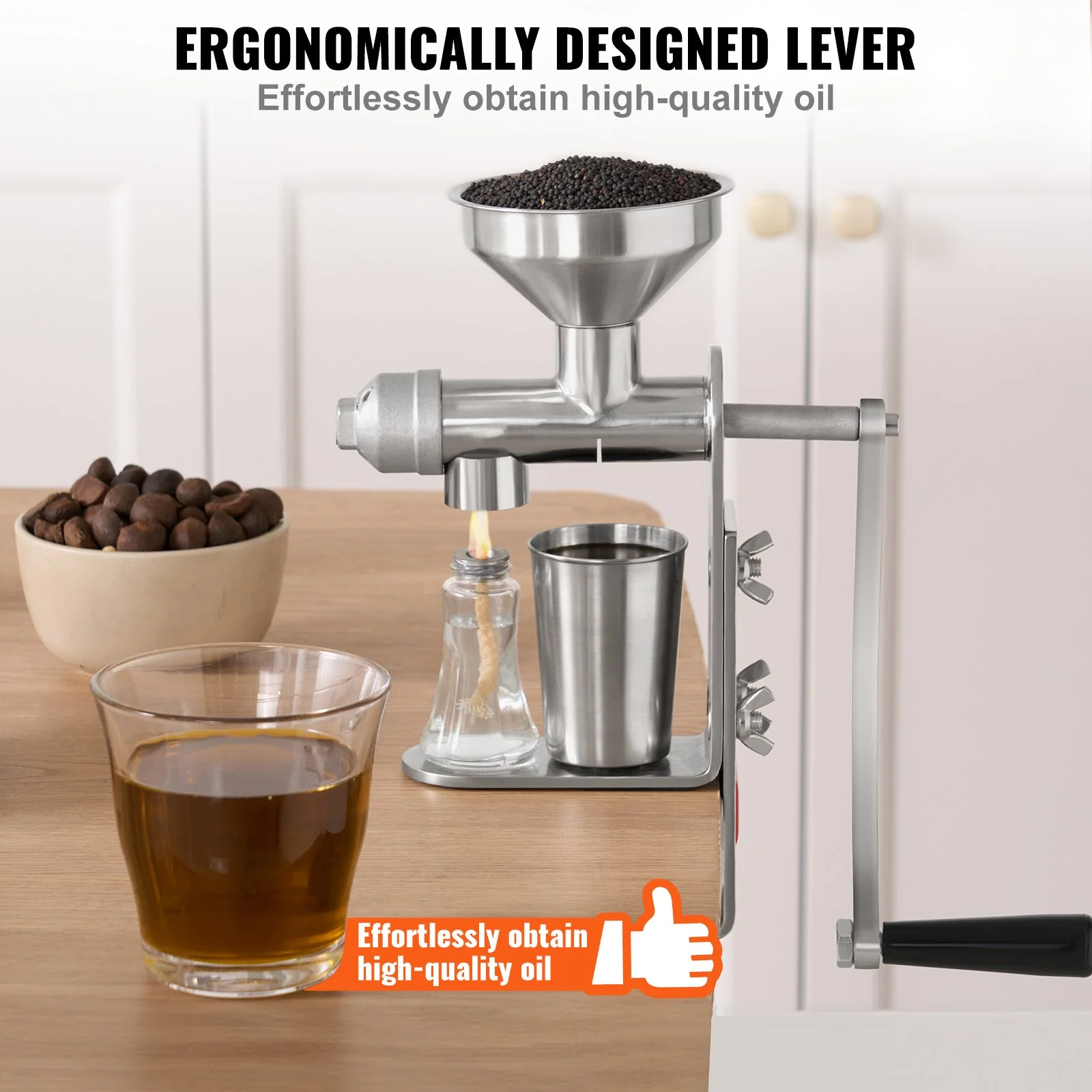 VEVOR Manual Oil Press Machine, Stainless Steel Oil Extractor Machine, Detachable Oil Presser for Effortless Cleaning, Household Oil Expeller for Pressing Peanuts, Sesame Seeds, Rapeseed, Tea Seeds - Image 4