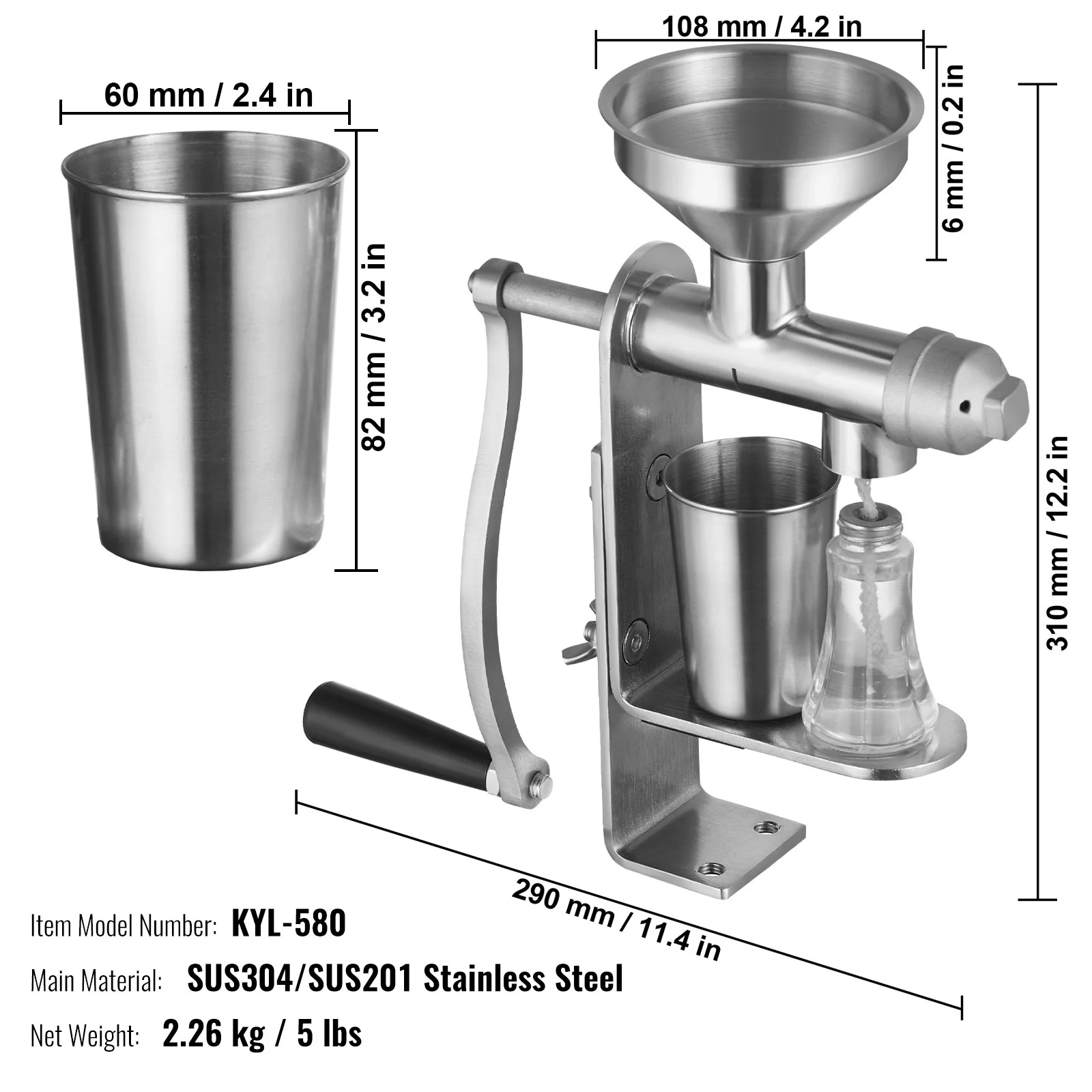 VEVOR Manual Oil Press Machine, Stainless Steel Oil Extractor Machine, Detachable Oil Presser for Effortless Cleaning, Household Oil Expeller for Pressing Peanuts, Sesame Seeds, Rapeseed, Tea Seeds - Image 7
