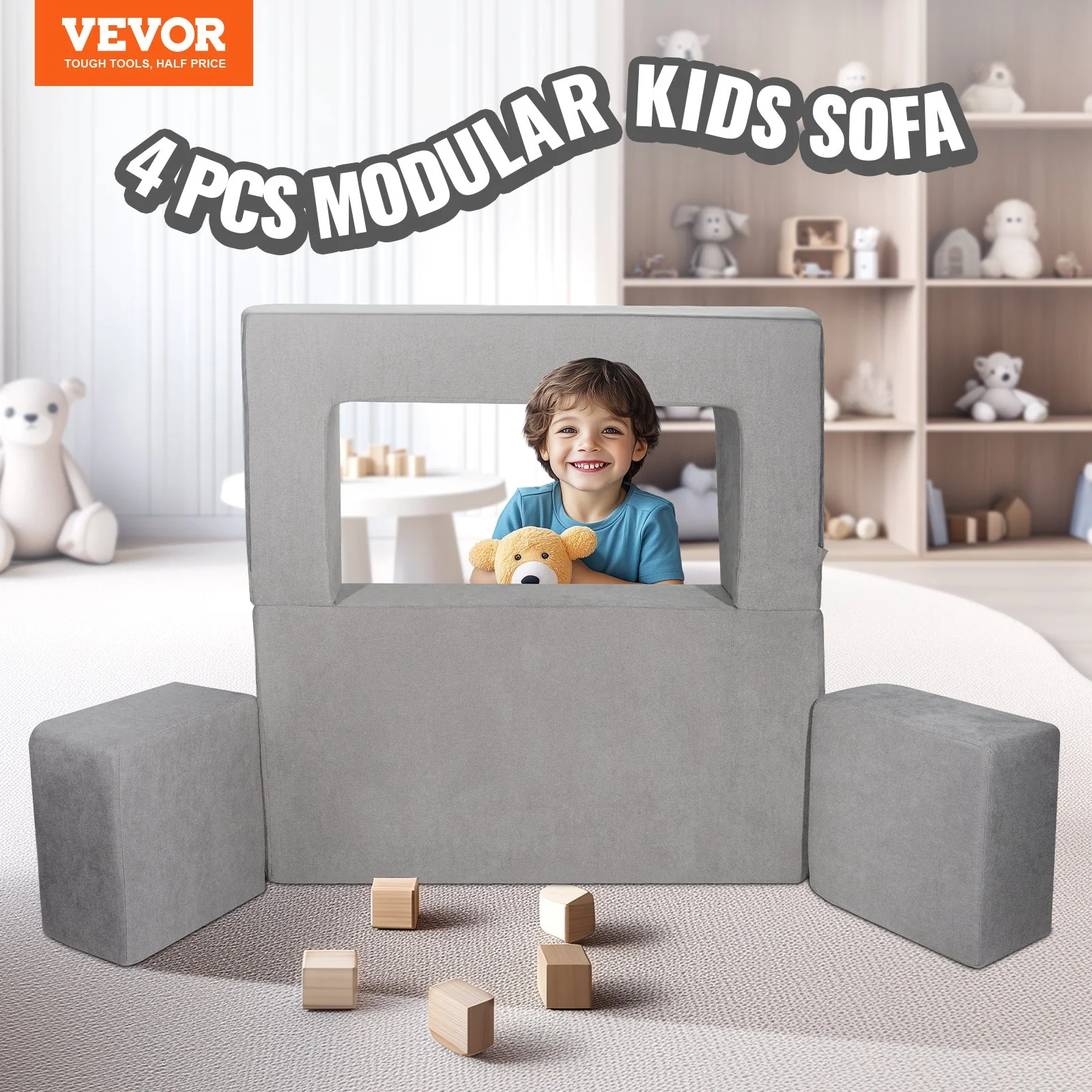VEVOR Modular Kids Play Couch 4Pcs DIY Creative Child Sectional Sofa Dark Grey - Image 2