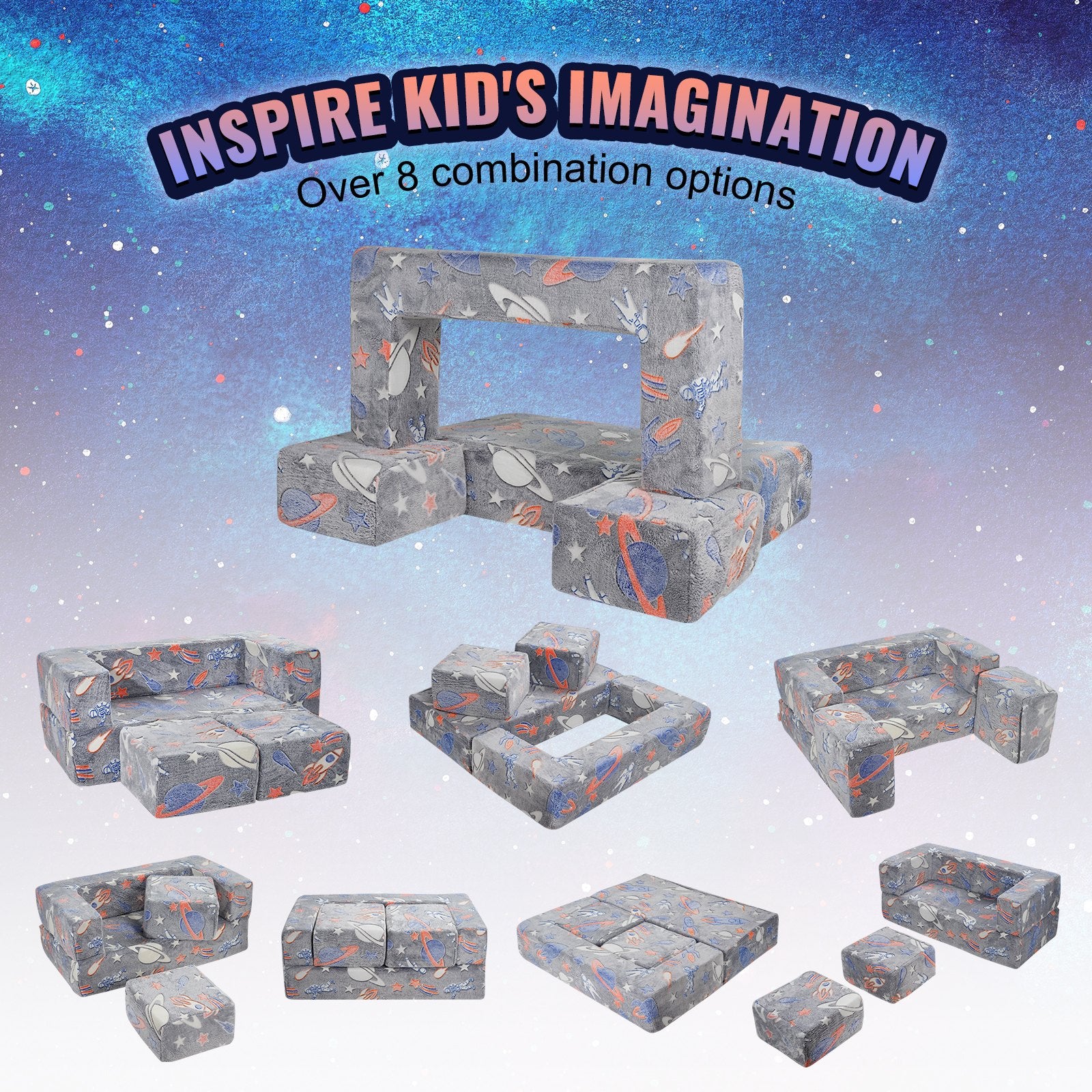 VEVOR Modular Kids Play Couch 4Pcs DIY Glow in the Dark Toddler Chair Grey - Image 3