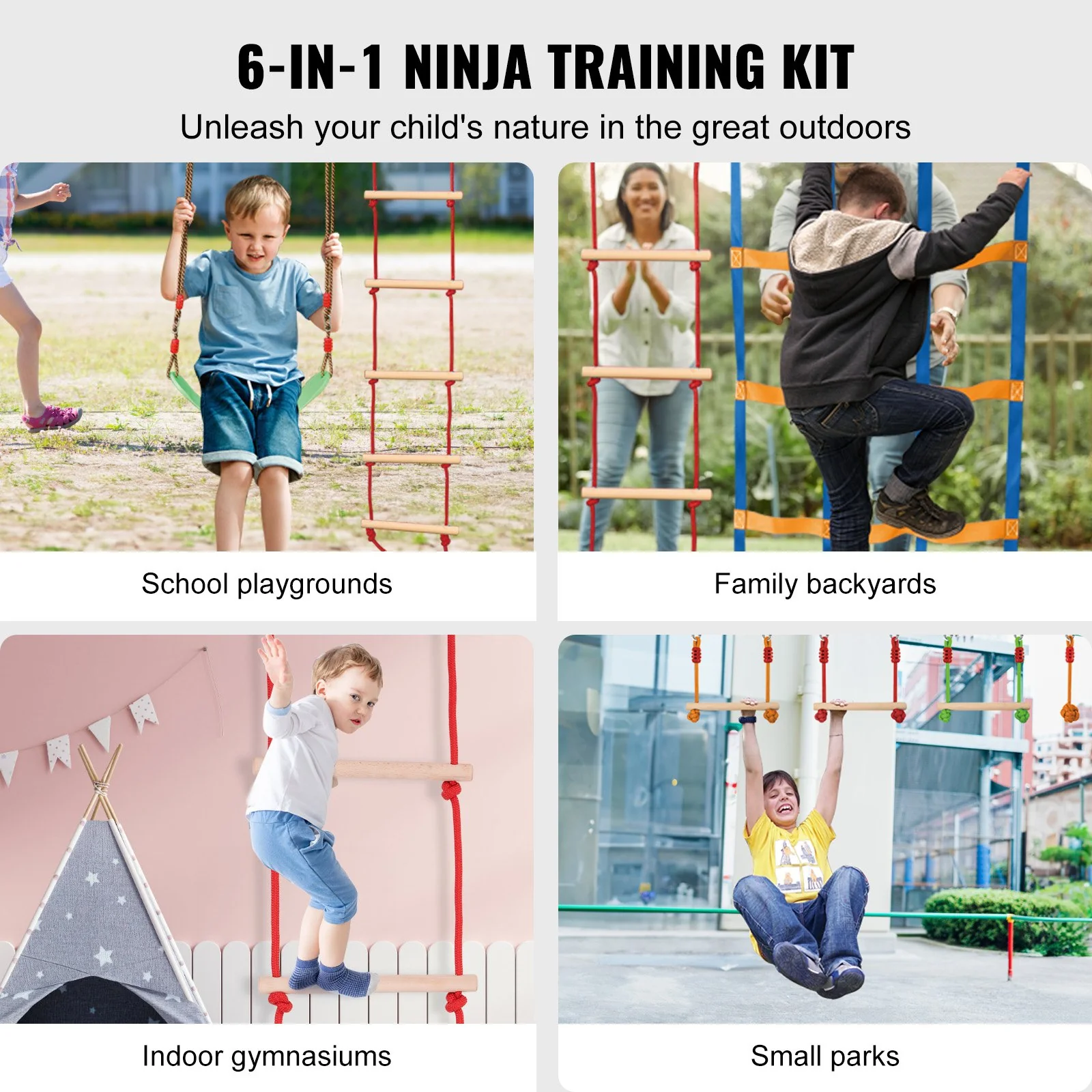 VEVOR Ninja Warrior Obstacle Course for Kids, 15.24 m Weatherproof Slacklines, 500lbs Weight Capacity Monkey Line, Outdoor Playset Equipment, Backyard Toys Training Equipment Set with 10 Obstacles - Image 2