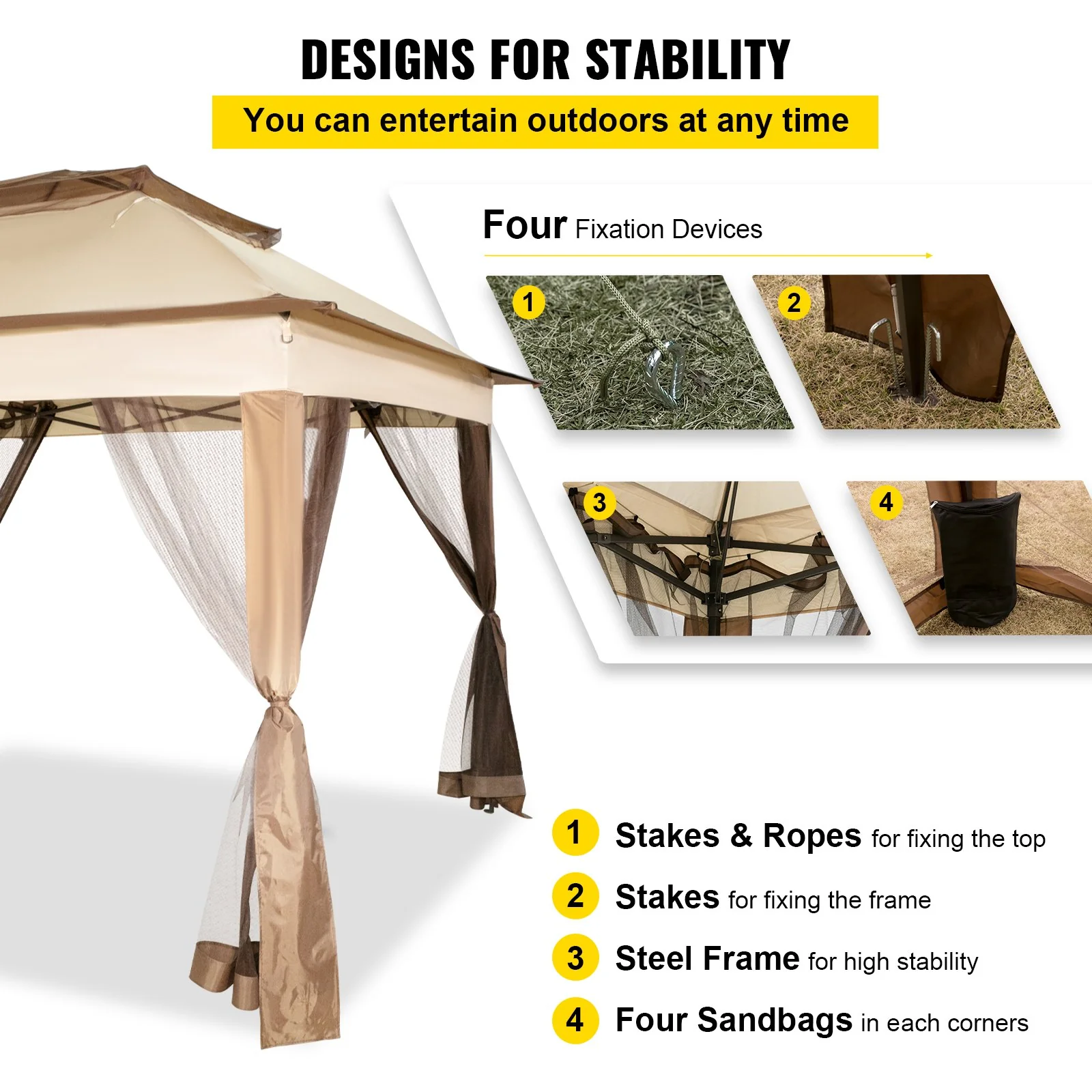 VEVOR Outdoor Canopy Gazebo Tent, Portable Canopy Shelter with 11\'x11\' Large Shade Space for Party, Backyard, Patio Lawn and Garden, 4 Sandbags, Carrying Bag and Netting Included, Brown - Image 4