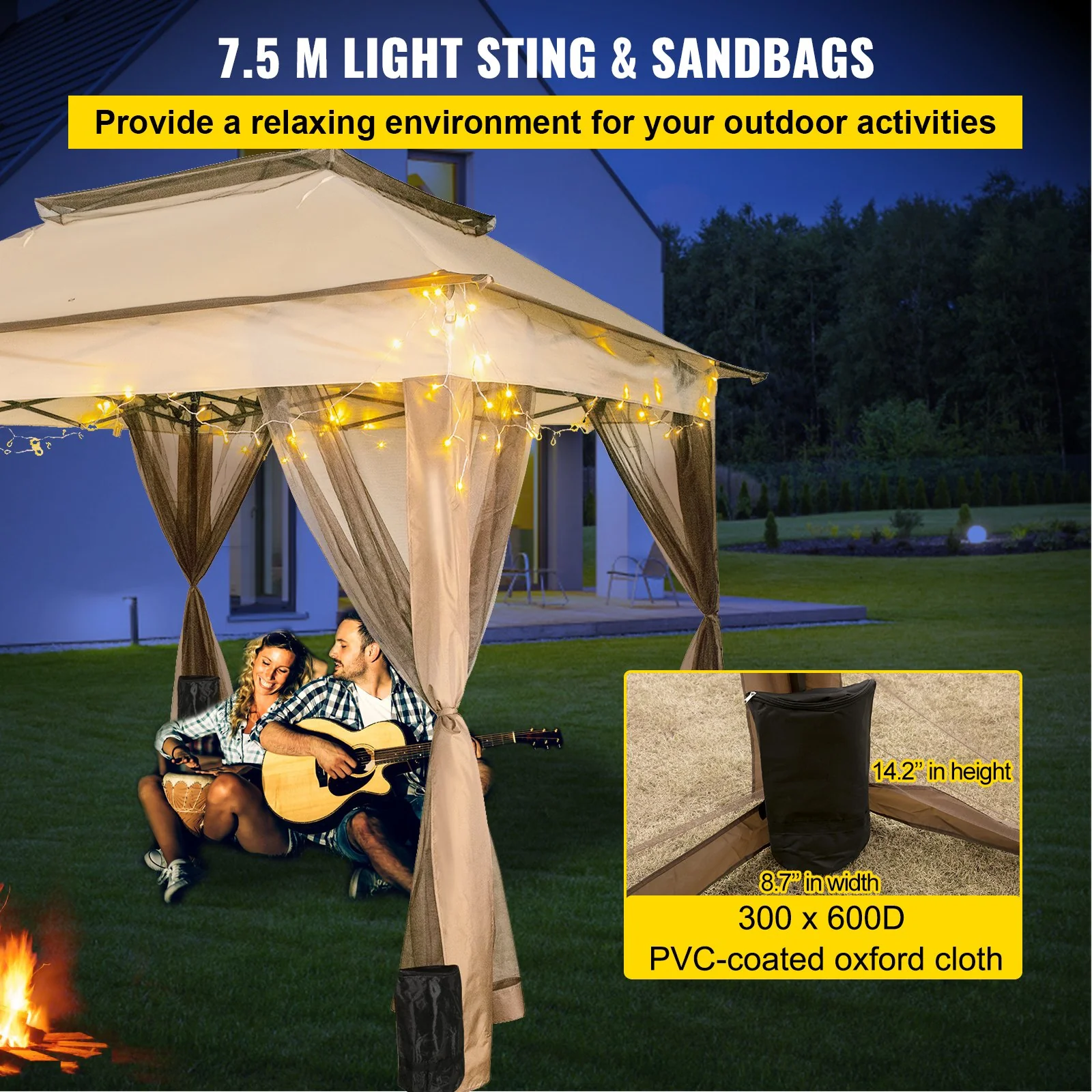 VEVOR Outdoor Canopy Gazebo Tent, Portable Canopy Shelter with 11\'x11\' Large Shade Space for Party, Backyard, Patio Lawn and Garden, 4 Sandbags, Carrying Bag and Netting Included, Brown - Image 5