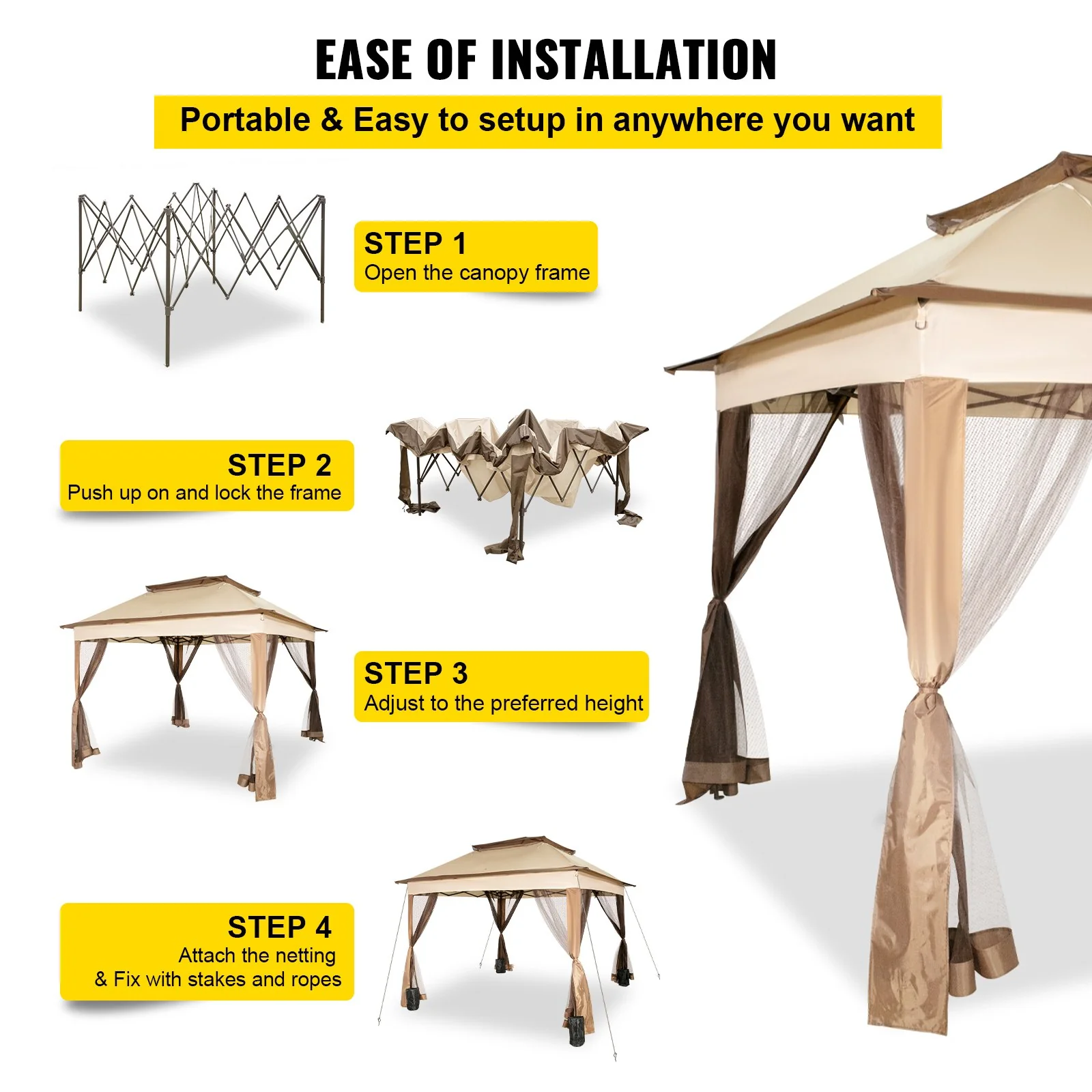 VEVOR Outdoor Canopy Gazebo Tent, Portable Canopy Shelter with 11\'x11\' Large Shade Space for Party, Backyard, Patio Lawn and Garden, 4 Sandbags, Carrying Bag and Netting Included, Brown - Image 6