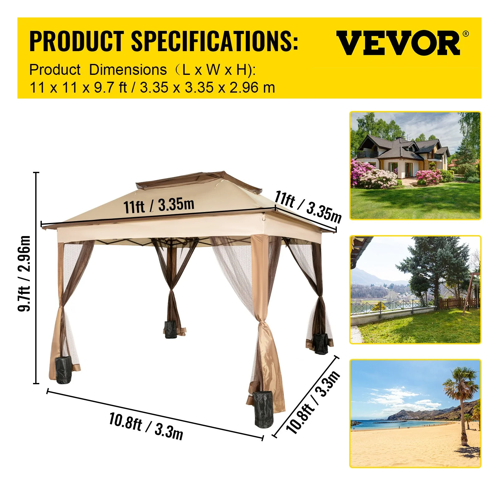 VEVOR Outdoor Canopy Gazebo Tent, Portable Canopy Shelter with 11\'x11\' Large Shade Space for Party, Backyard, Patio Lawn and Garden, 4 Sandbags, Carrying Bag and Netting Included, Brown - Image 7