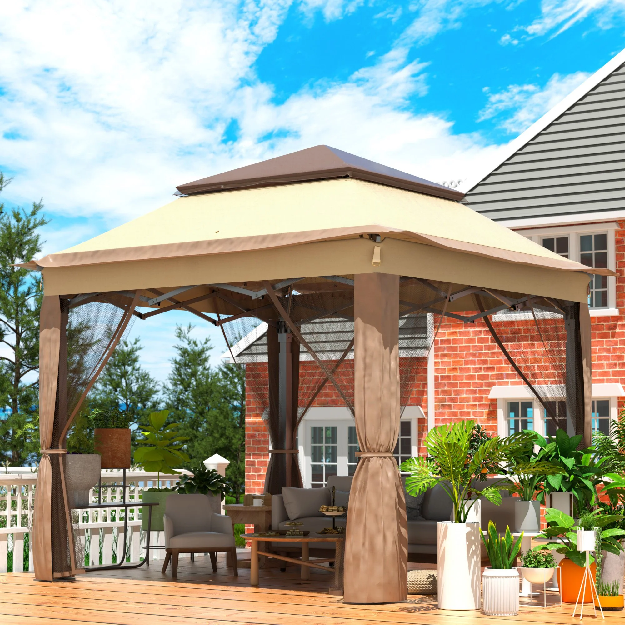VEVOR Outdoor Canopy Gazebo Tent, Portable Canopy Shelter with 11\'x11\' Large Shade Space for Party, Backyard, Patio Lawn and Garden, 4 Sandbags, Carrying Bag and Netting Included, Brown - Image 8