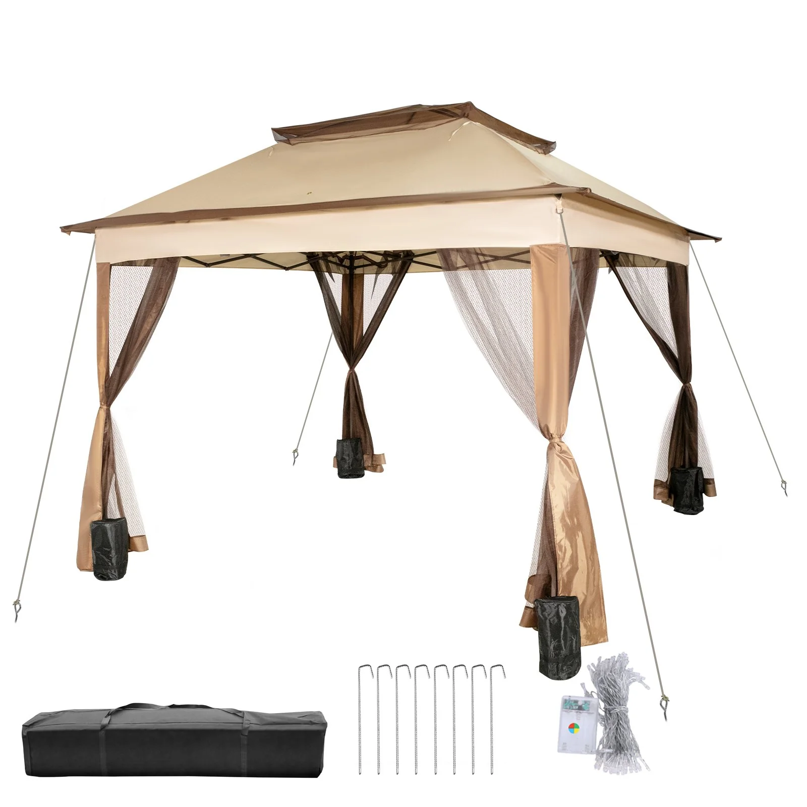 VEVOR Outdoor Canopy Gazebo Tent, Portable Canopy Shelter with 11\'x11\' Large Shade Space for Party, Backyard, Patio Lawn and Garden, 4 Sandbags, Carrying Bag and Netting Included, Brown - Image 9