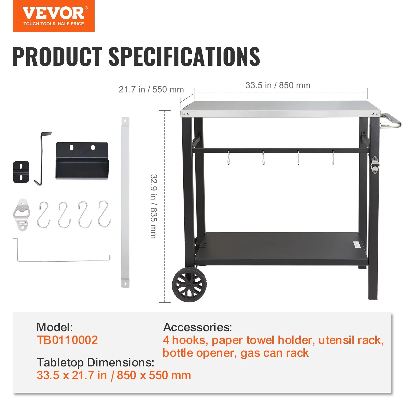 VEVOR Outdoor Grill Dining Cart with Double-Shelf, 85*55cm BBQ Movable Food Prep Table, Multifunctional Stainless Steel Table Top, Portable Modular Carts for Pizza Oven, Worktable with 2 Wheels, Carry Handle - Image 7
