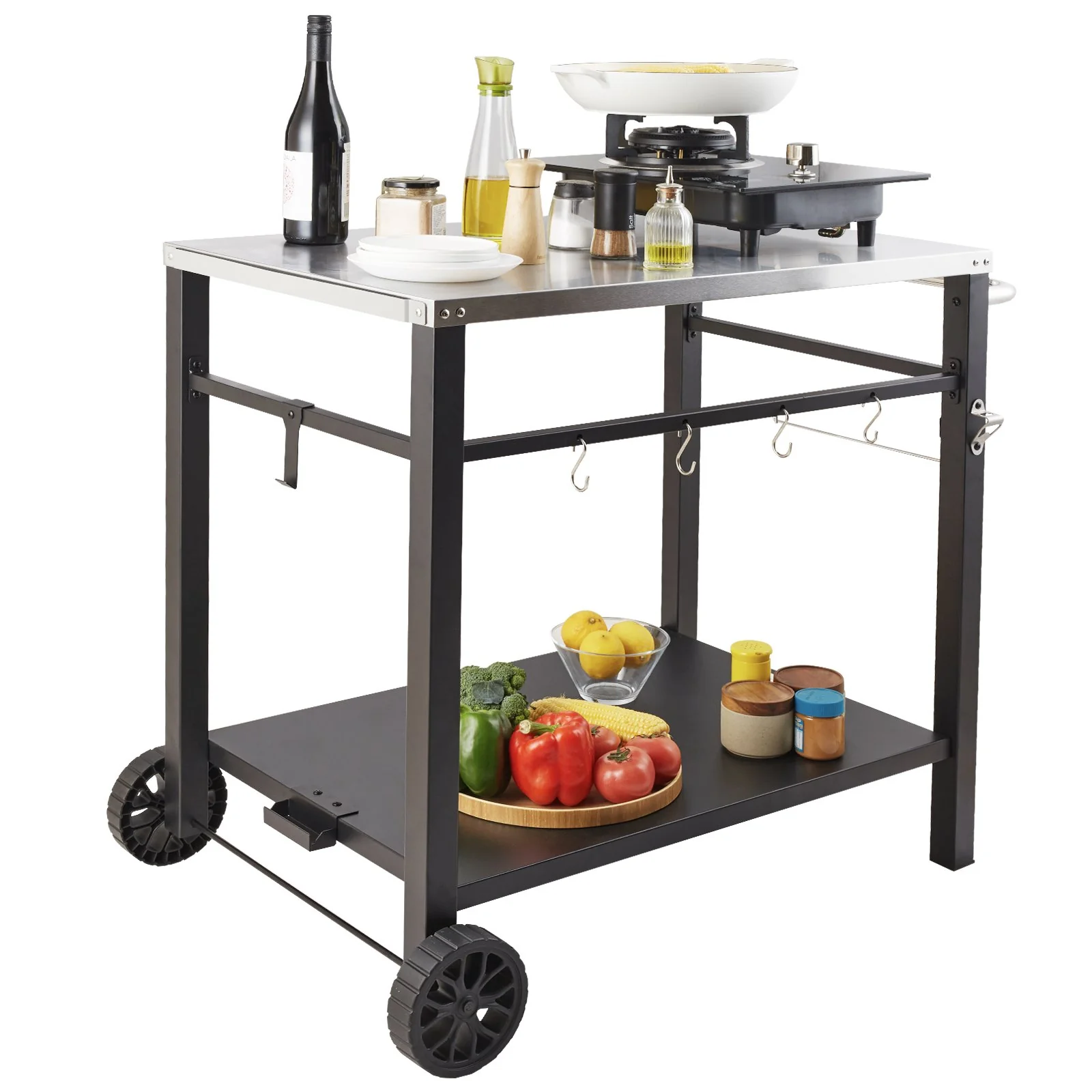 VEVOR Outdoor Grill Dining Cart with Double-Shelf, 85*55cm BBQ Movable Food Prep Table, Multifunctional Stainless Steel Table Top, Portable Modular Carts for Pizza Oven, Worktable with 2 Wheels, Carry Handle - Image 9