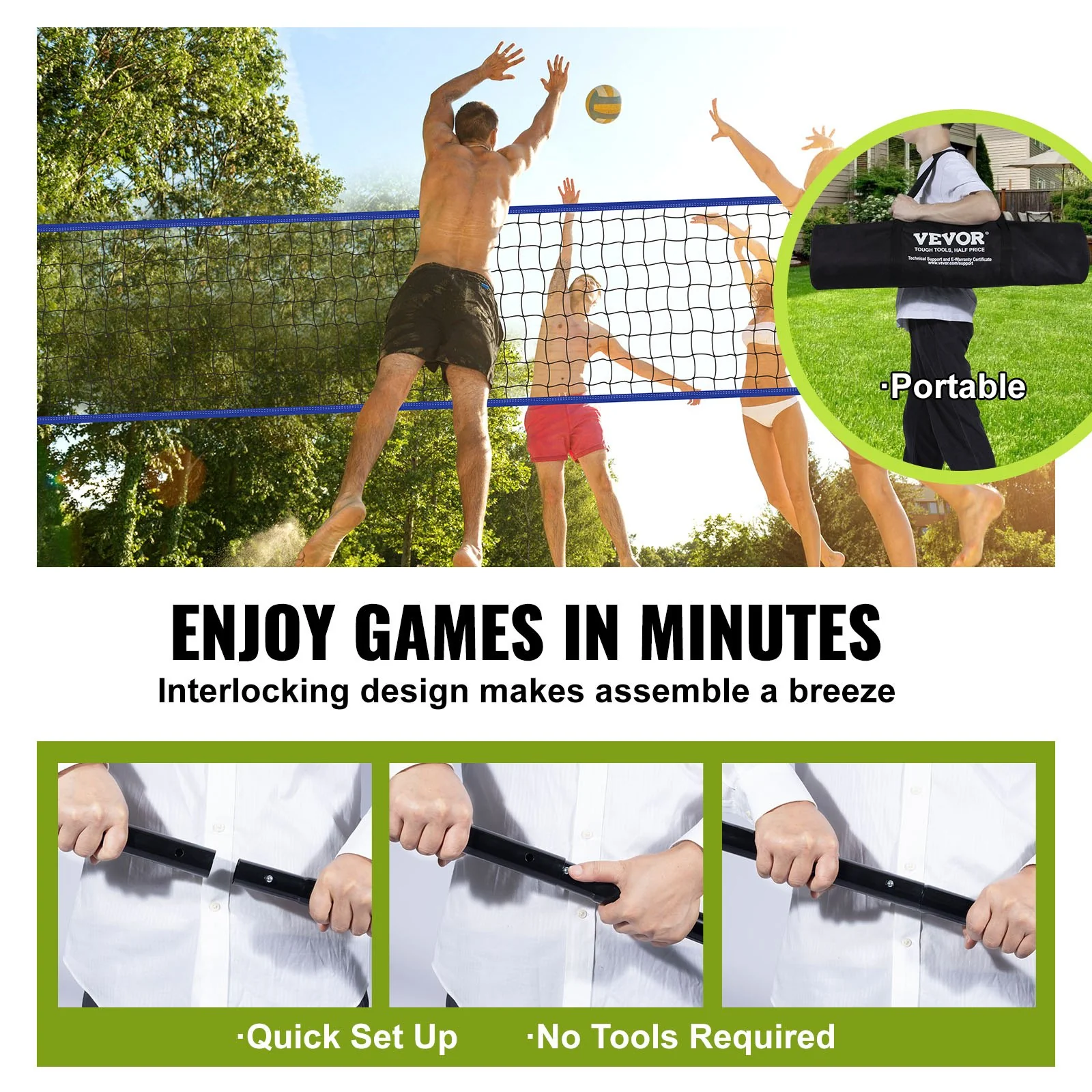 VEVOR Outdoor Portable Volleyball Net System, Adjustable Height Steel Poles, Professional Volleyball Set with PVC Volleyball, Pump, Carrying Bag, Heavy Duty Volleyball Net for Backyard, Beach, Lawn - Image 5