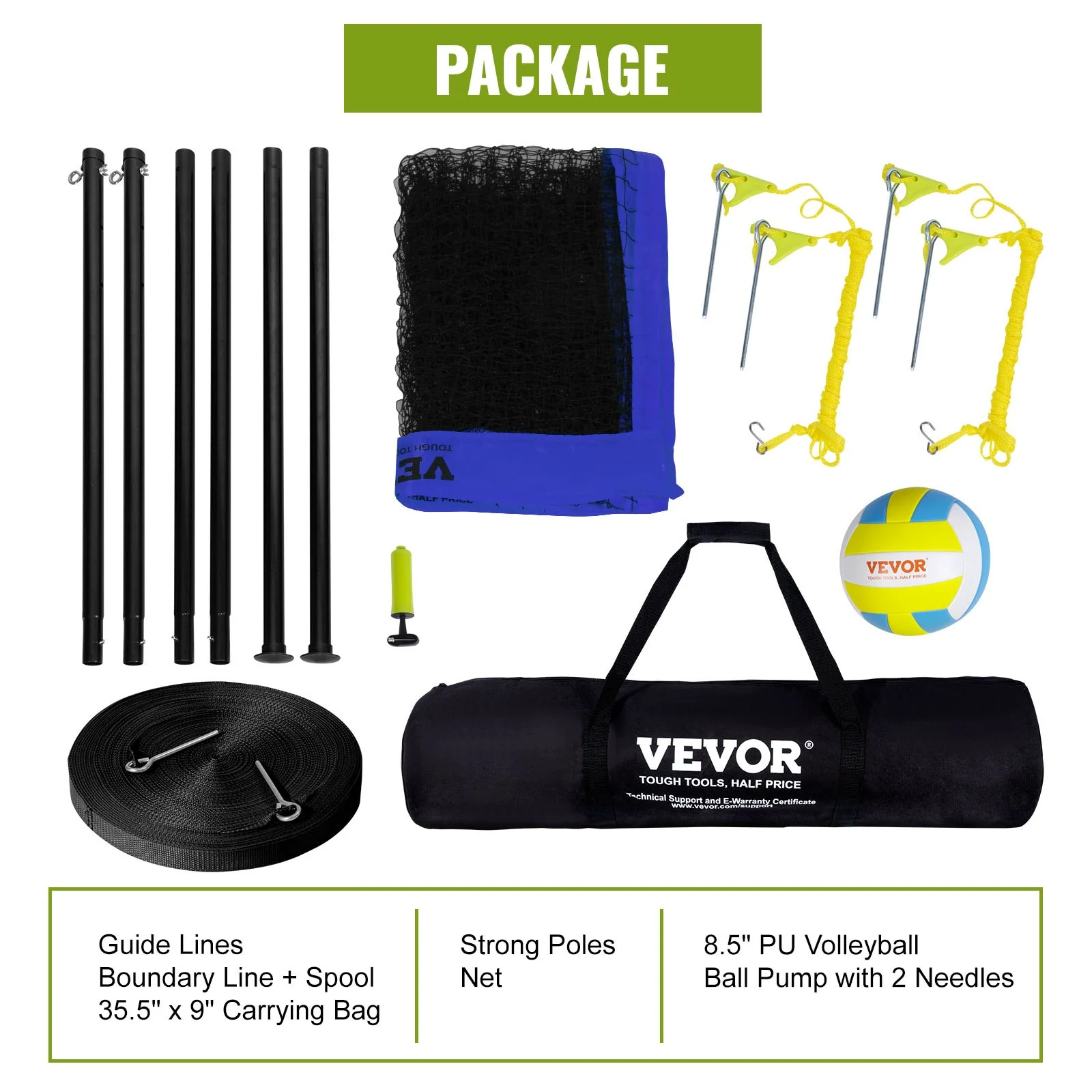 VEVOR Outdoor Portable Volleyball Net System, Adjustable Height Steel Poles, Professional Volleyball Set with PVC Volleyball, Pump, Carrying Bag, Heavy Duty Volleyball Net for Backyard, Beach, Lawn - Image 6