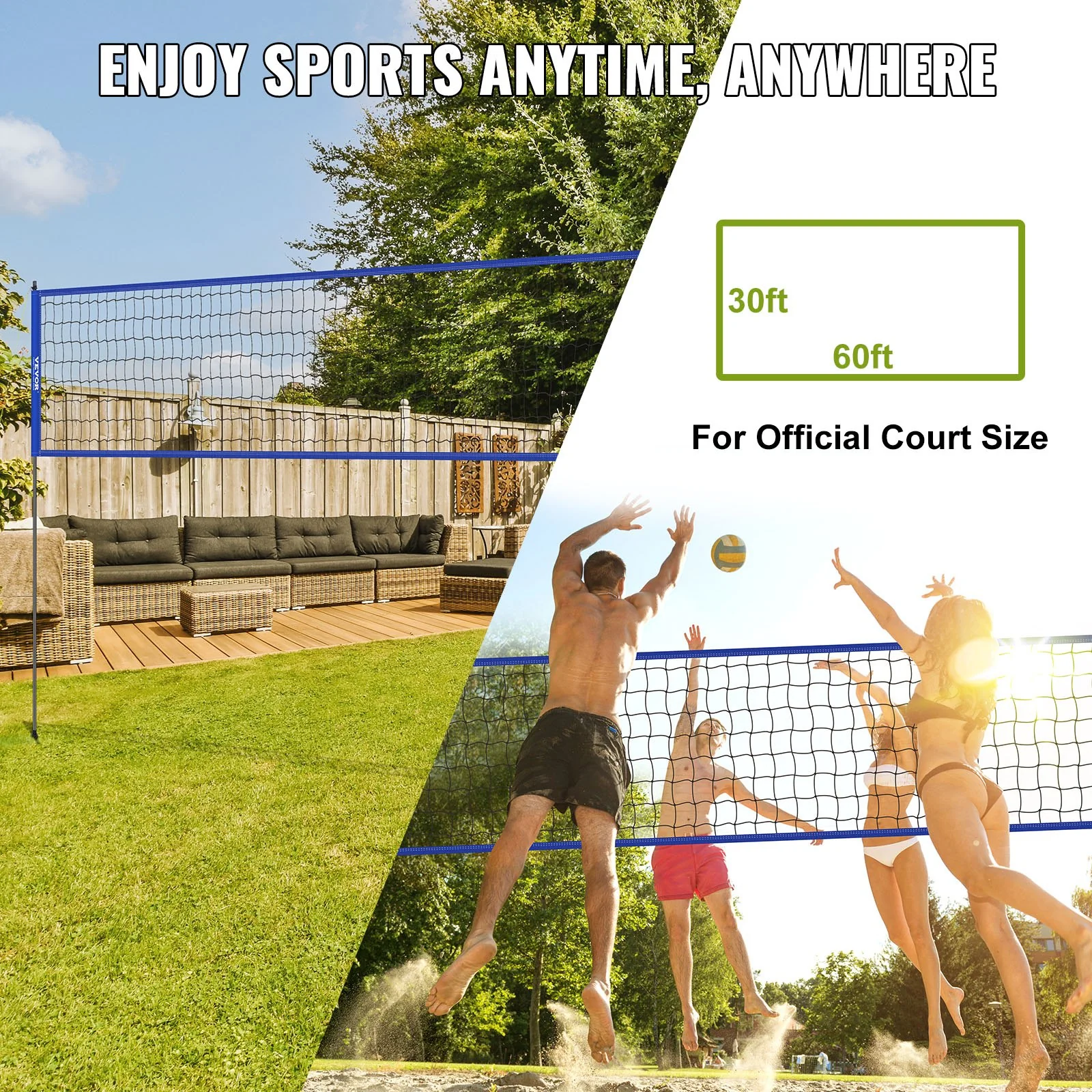 VEVOR Outdoor Portable Volleyball Net System, Adjustable Height Steel Poles, Professional Volleyball Set with PVC Volleyball, Pump, Carrying Bag, Heavy Duty Volleyball Net for Backyard, Beach, Lawn - Image 7