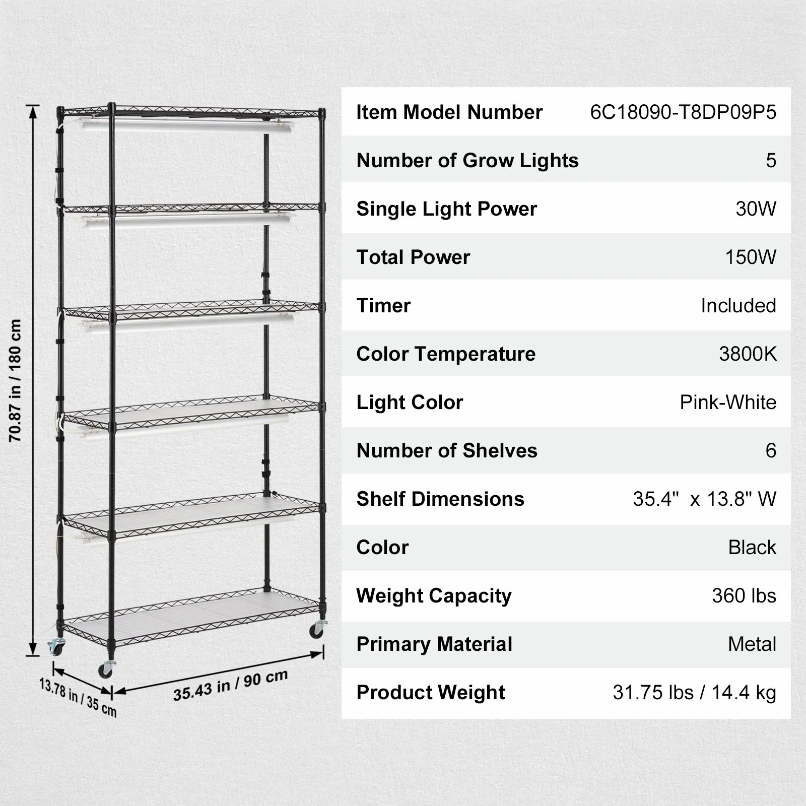 VEVOR Plant Stand with Grow Light 6 Tiers 180W 180 cm Indoor Plant Grow Shelf - Image 7