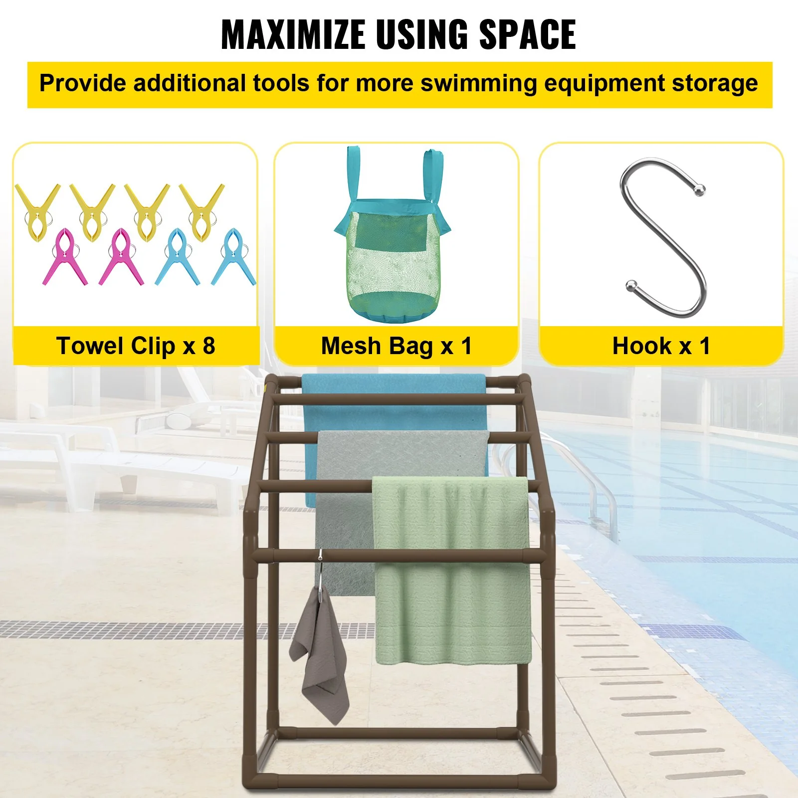 VEVOR Pool Towel Rack, 5 Bar, Brown, Freestanding Outdoor PVC Trapedozal Poolside Storage Organizer, Include 8 Towel Clips, Mesh Bag, Hook, Also Stores Floats and Paddles, for Beach, Swimming Pool - Image 5