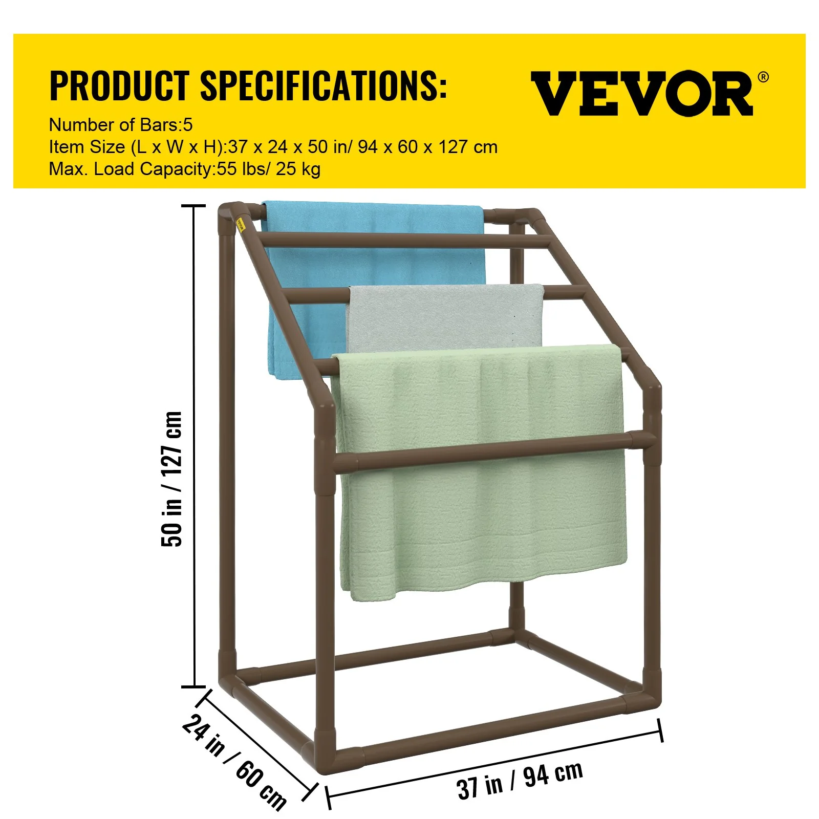 VEVOR Pool Towel Rack, 5 Bar, Brown, Freestanding Outdoor PVC Trapedozal Poolside Storage Organizer, Include 8 Towel Clips, Mesh Bag, Hook, Also Stores Floats and Paddles, for Beach, Swimming Pool - Image 7