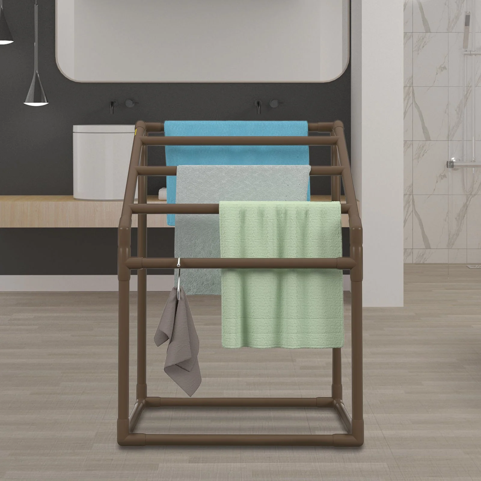 VEVOR Pool Towel Rack, 5 Bar, Brown, Freestanding Outdoor PVC Trapedozal Poolside Storage Organizer, Include 8 Towel Clips, Mesh Bag, Hook, Also Stores Floats and Paddles, for Beach, Swimming Pool - Image 8