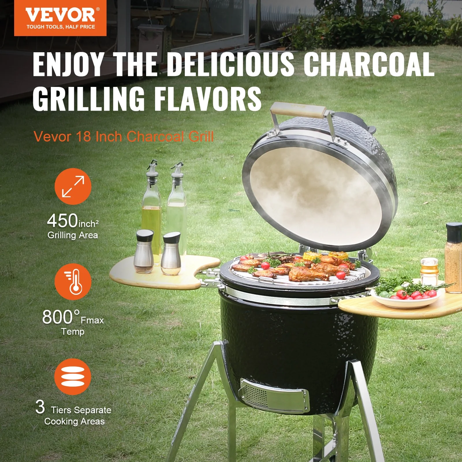 VEVOR Portable Charcoal Grill, Propane Gas Grills with Cover and Cart, Heavy Duty Stainless Steel BBQ Grill, Mini Smoker for Outdoor Cooking, Barbecue Camping, Picnic, and Backyard, Black - Image 2