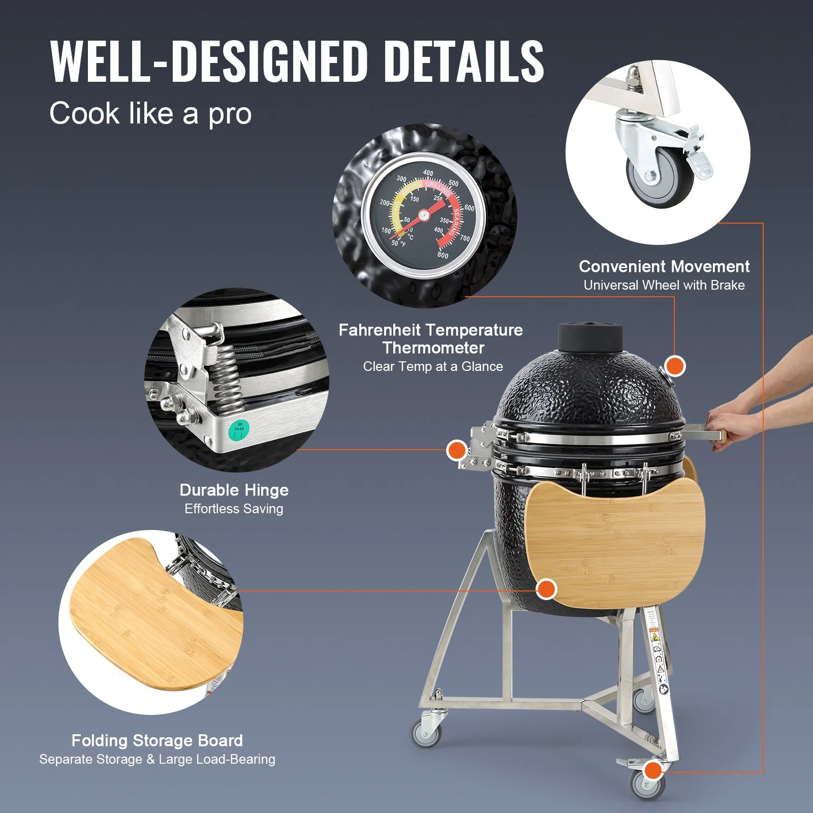 VEVOR Portable Charcoal Grill, Propane Gas Grills with Cover and Cart, Heavy Duty Stainless Steel BBQ Grill, Mini Smoker for Outdoor Cooking, Barbecue Camping, Picnic, and Backyard, Black - Image 6
