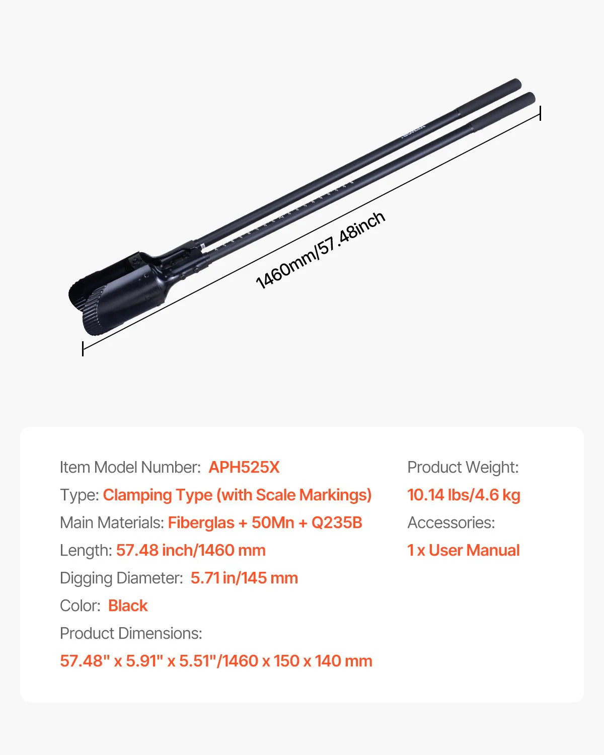VEVOR Post Hole Digger, Heavy Duty Post Hole Digger with Fiberglass Handle, Manual Hole Digger with Scale Markings and Metal Blade, Post Hole Digger Tool for Digging Gardening and Outdoors, 1460 mm - Image 7