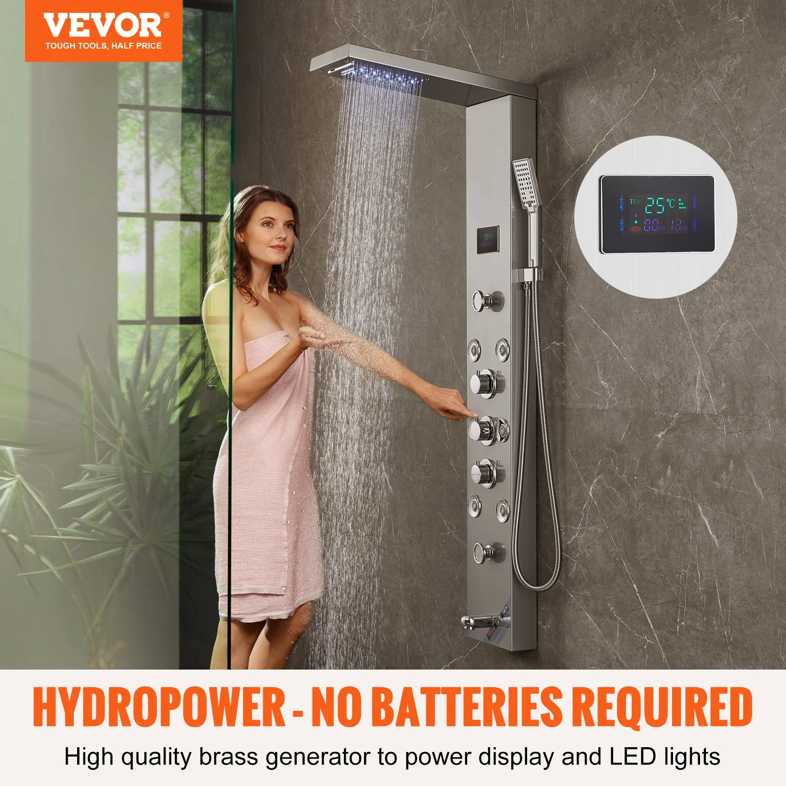VEVOR Shower Panel System, 6 Shower Modes, LED & Screen Hydroelectricity Shower Panel Tower, Rainfall, Waterfall, 8 Massage Jets, Tub Spout, Handheld Shower, Stainless Steel Wall-Mounted Shower Set - Image 2