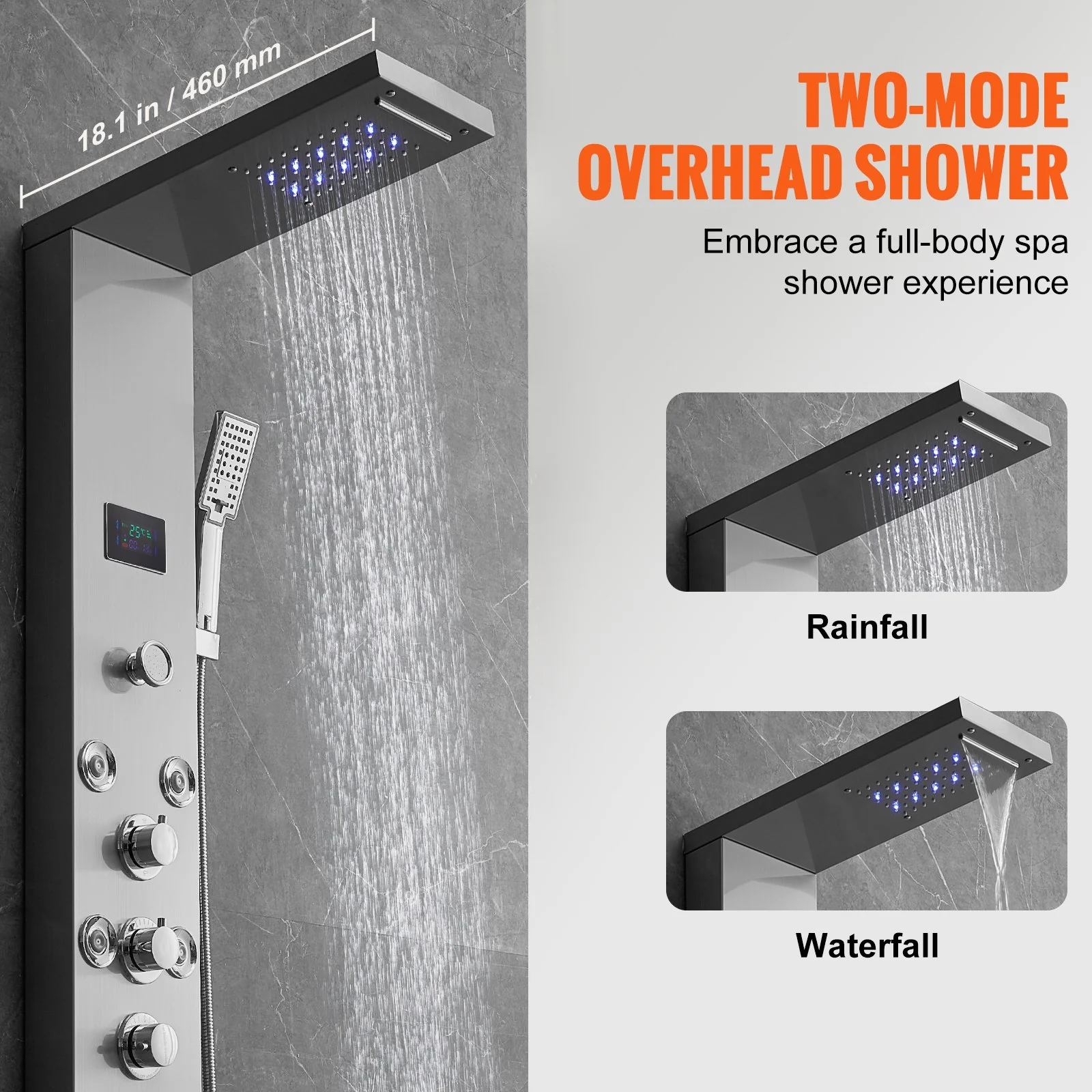 VEVOR Shower Panel System, 6 Shower Modes, LED & Screen Hydroelectricity Shower Panel Tower, Rainfall, Waterfall, 8 Massage Jets, Tub Spout, Handheld Shower, Stainless Steel Wall-Mounted Shower Set - Image 3