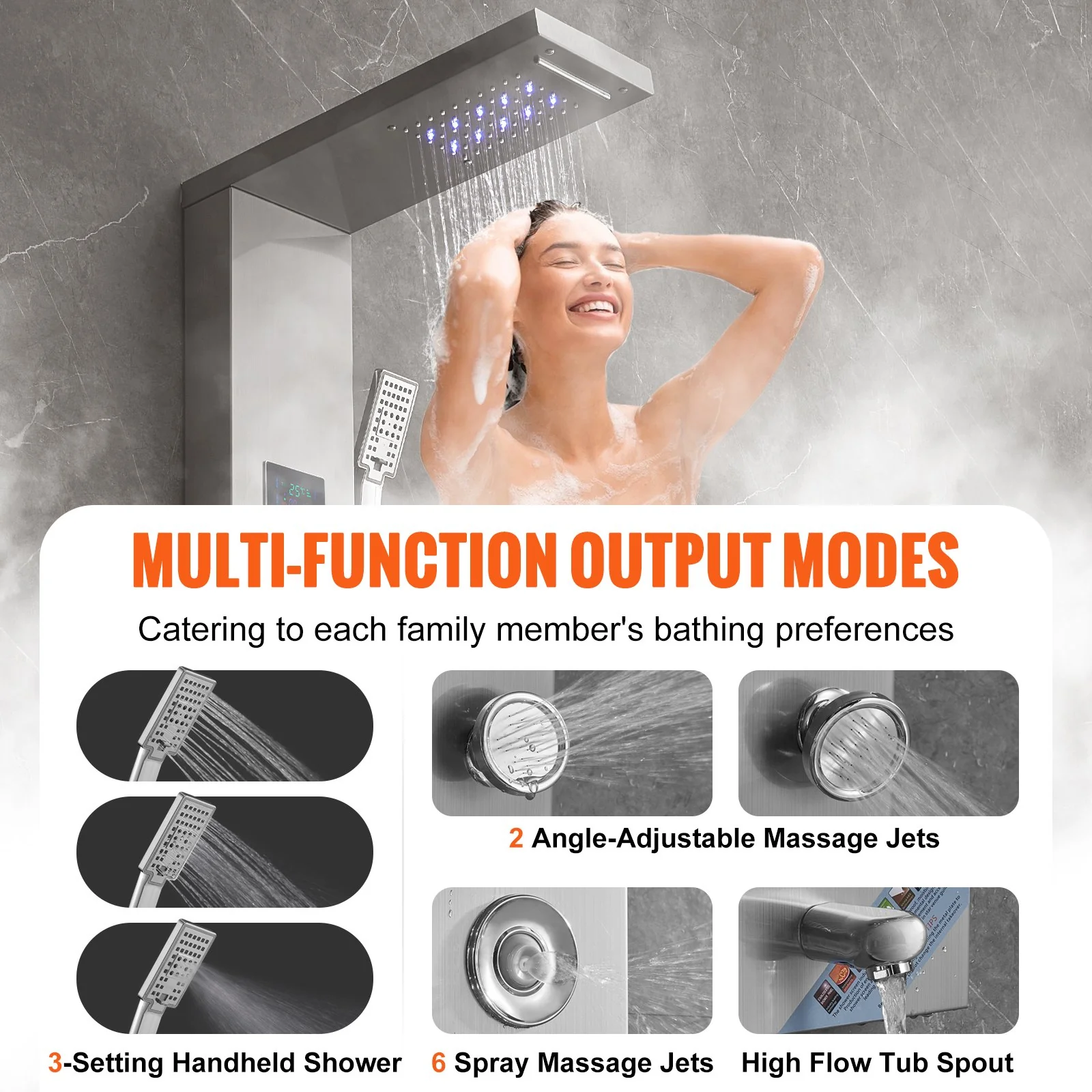 VEVOR Shower Panel System, 6 Shower Modes, LED & Screen Hydroelectricity Shower Panel Tower, Rainfall, Waterfall, 8 Massage Jets, Tub Spout, Handheld Shower, Stainless Steel Wall-Mounted Shower Set - Image 4