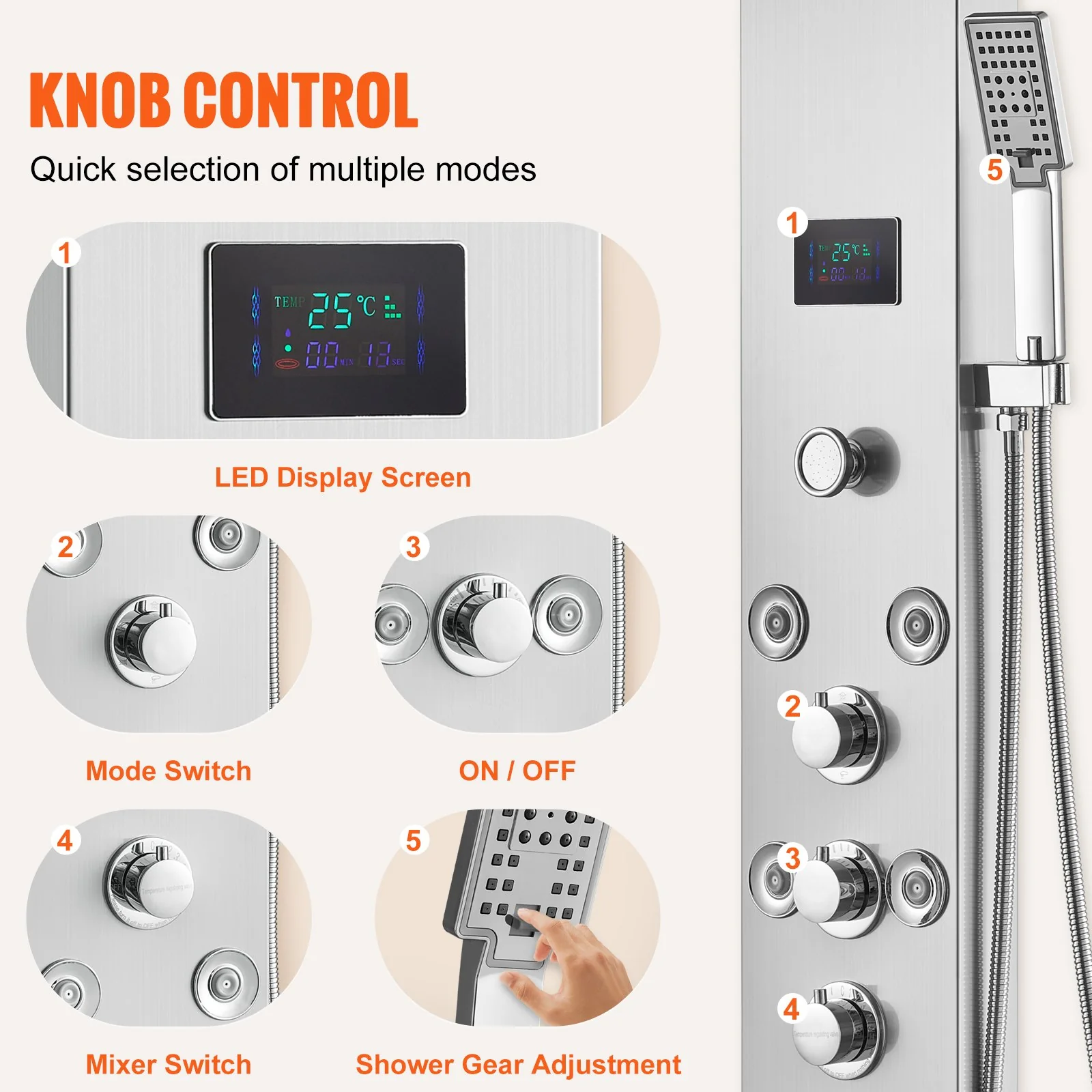 VEVOR Shower Panel System, 6 Shower Modes, LED & Screen Hydroelectricity Shower Panel Tower, Rainfall, Waterfall, 8 Massage Jets, Tub Spout, Handheld Shower, Stainless Steel Wall-Mounted Shower Set - Image 5