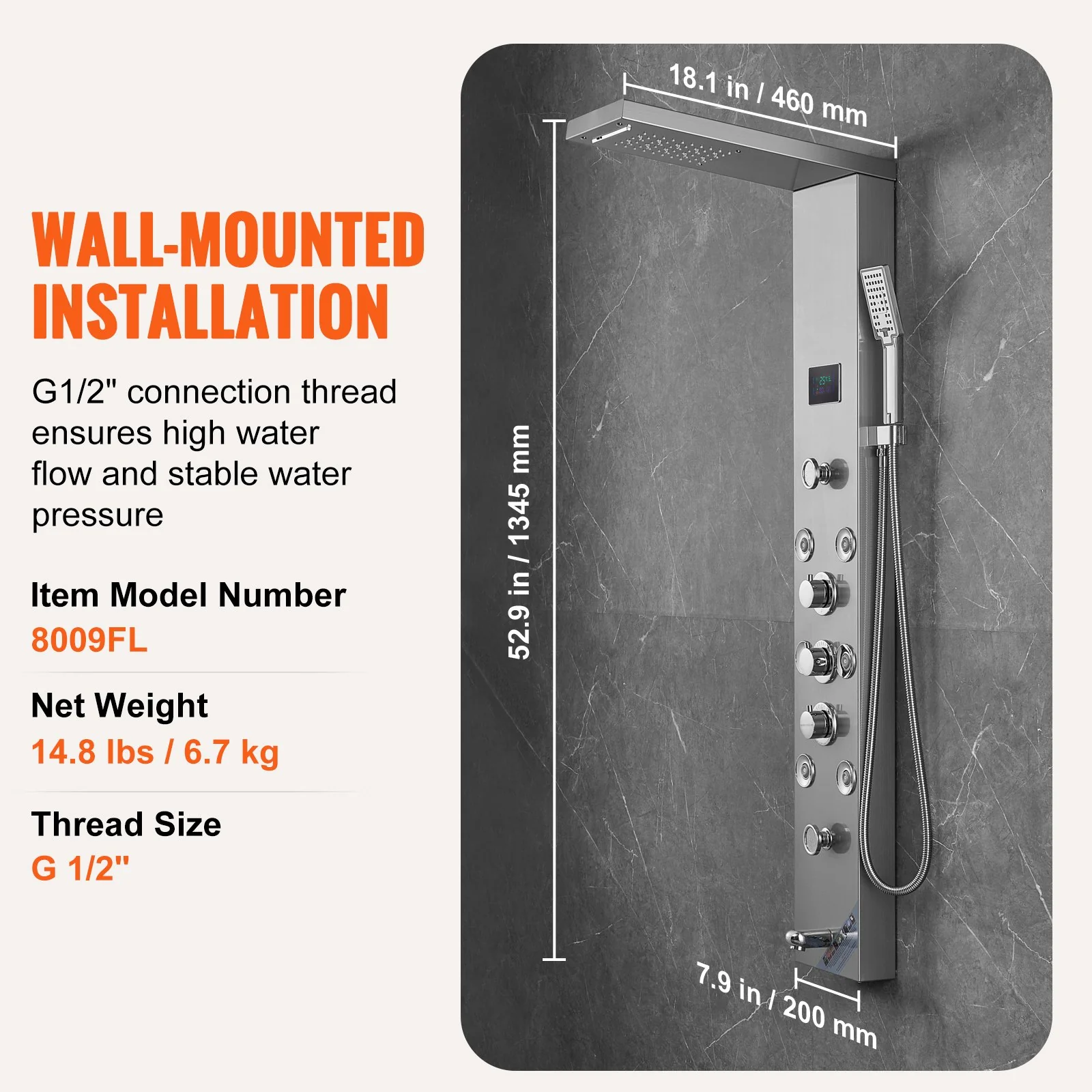 VEVOR Shower Panel System, 6 Shower Modes, LED & Screen Hydroelectricity Shower Panel Tower, Rainfall, Waterfall, 8 Massage Jets, Tub Spout, Handheld Shower, Stainless Steel Wall-Mounted Shower Set - Image 7
