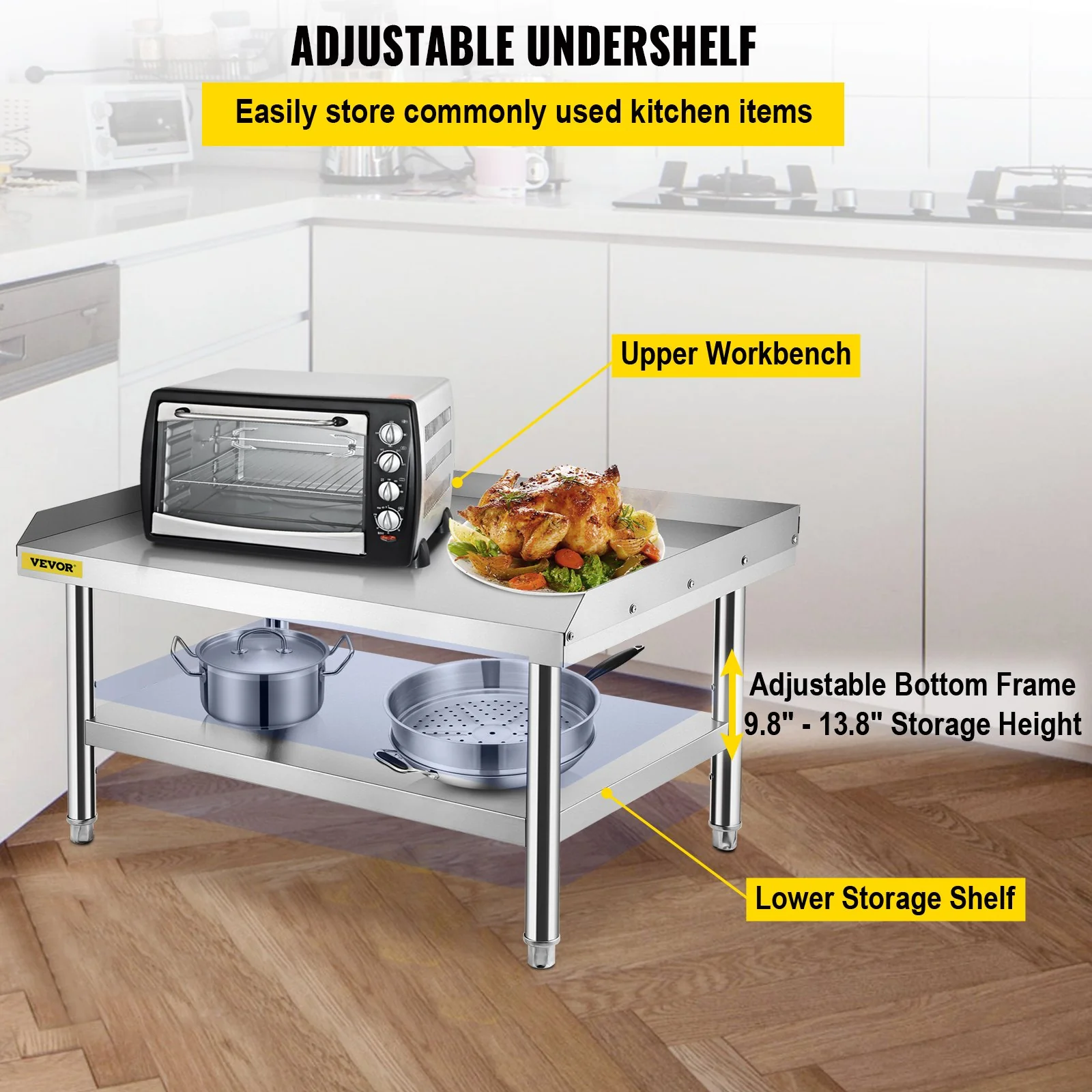 VEVOR Stainless Steel Equipment Grill Stand, 152x76x61 cm Stainless Table, Grill Stand Table with Adjustable Storage Undershelf, Equipment Stand Grill Table for Hotel, Home, Restaurant Kitchen - Image 4