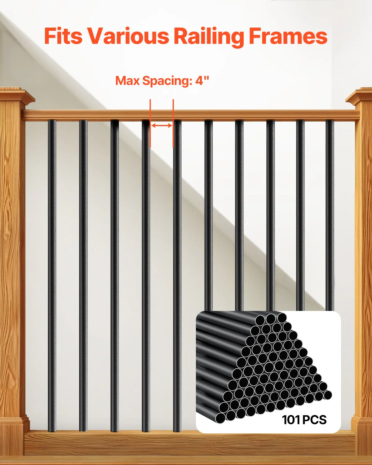VEVOR Staircase Balusters 101 Pack, 660 mm Aluminum Stair Balusters, 19 mm Water-Proof Round Metal Spindle Railing, Hollow Deck Railing with Rail Caps & Screws for Stairs, Porch, Patio, Matte Black - Image 4