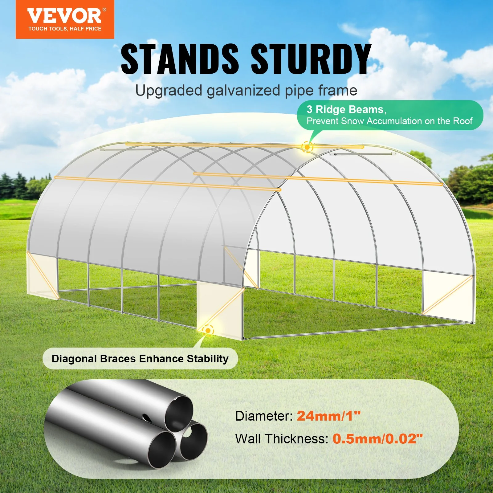 VEVOR Walk-in Tunnel Greenhouse, 19.4x9.7x6.5 ft Hoop House Greenhouse Tunnel, Plant Hot House with Galvanized Steel Frame, White PE Cover, Roll-up Zipper Door and 12 Windows for Outdoor - Image 2