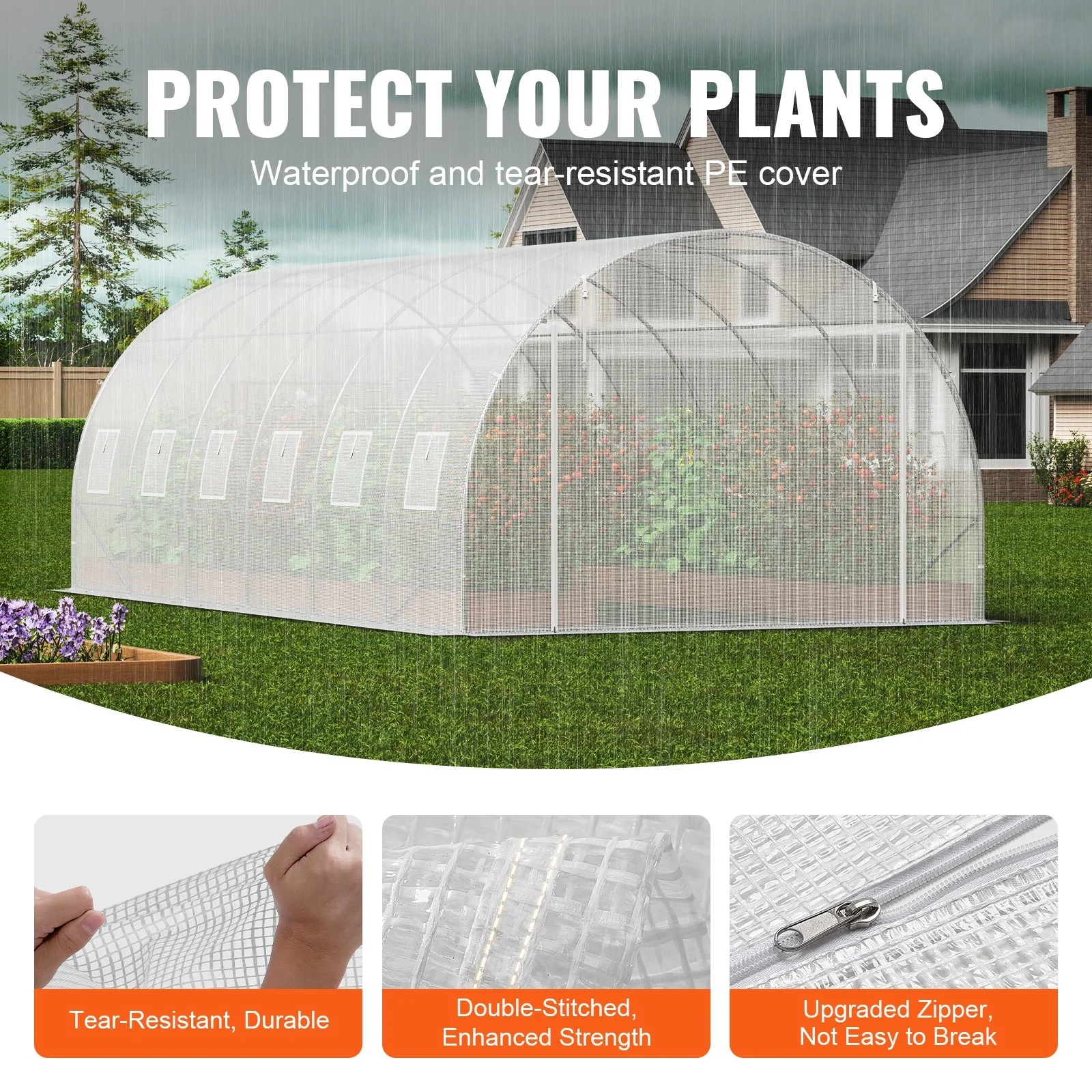 VEVOR Walk-in Tunnel Greenhouse, 19.4x9.7x6.5 ft Hoop House Greenhouse Tunnel, Plant Hot House with Galvanized Steel Frame, White PE Cover, Roll-up Zipper Door and 12 Windows for Outdoor - Image 3