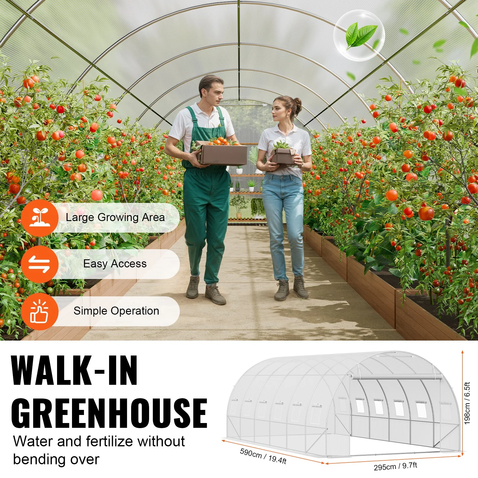 VEVOR Walk-in Tunnel Greenhouse, 19.4x9.7x6.5 ft Hoop House Greenhouse Tunnel, Plant Hot House with Galvanized Steel Frame, White PE Cover, Roll-up Zipper Door and 12 Windows for Outdoor - Image 5