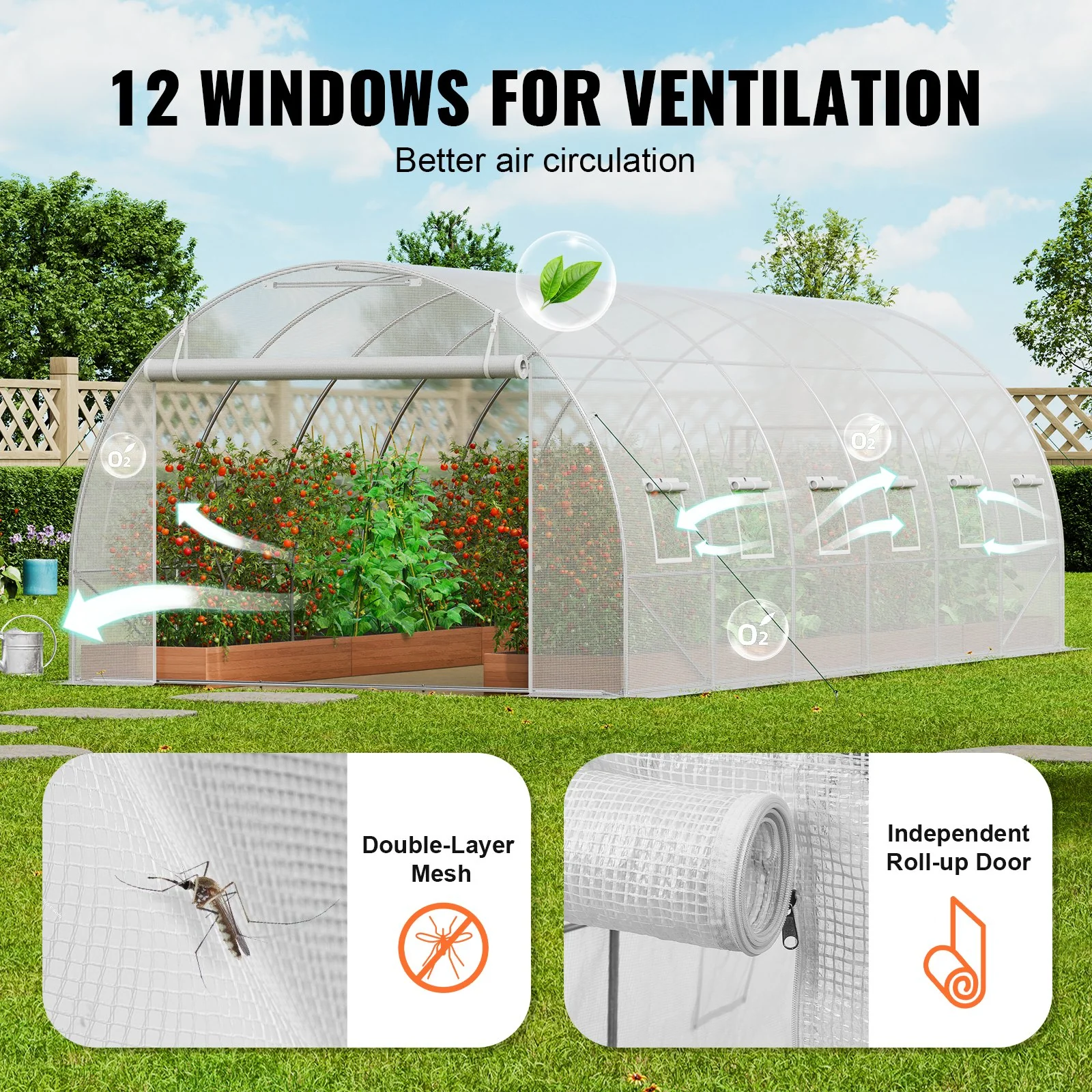 VEVOR Walk-in Tunnel Greenhouse, 19.4x9.7x6.5 ft Hoop House Greenhouse Tunnel, Plant Hot House with Galvanized Steel Frame, White PE Cover, Roll-up Zipper Door and 12 Windows for Outdoor - Image 6