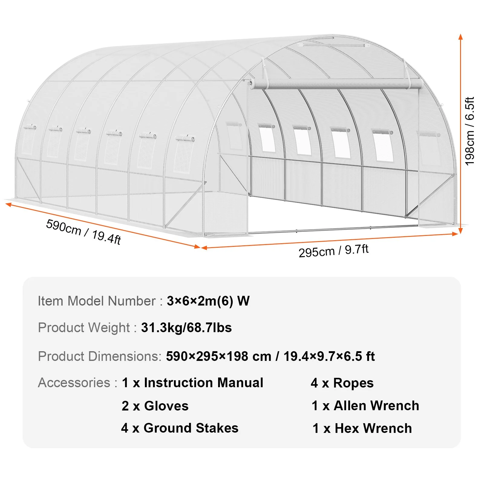 VEVOR Walk-in Tunnel Greenhouse, 19.4x9.7x6.5 ft Hoop House Greenhouse Tunnel, Plant Hot House with Galvanized Steel Frame, White PE Cover, Roll-up Zipper Door and 12 Windows for Outdoor - Image 7