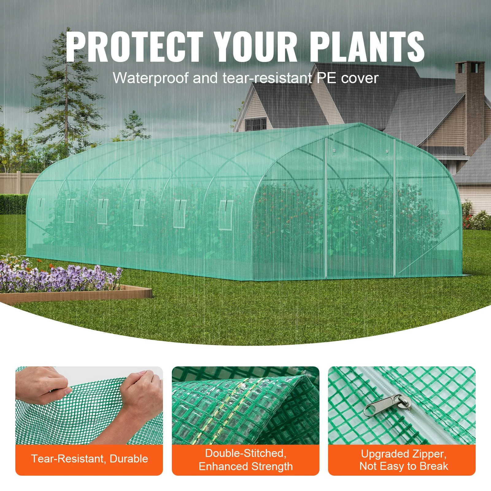 VEVOR Walk-in Tunnel Greenhouse, 29.5x9.8x6.6 ft Hoop House Greenhouse Tunnel, Peaked Roof Plant Hot House with Galvanized Steel Frame, Green PE Cover, Roll-up Zipper Door and 12 Windows for Outdoor - Image 3