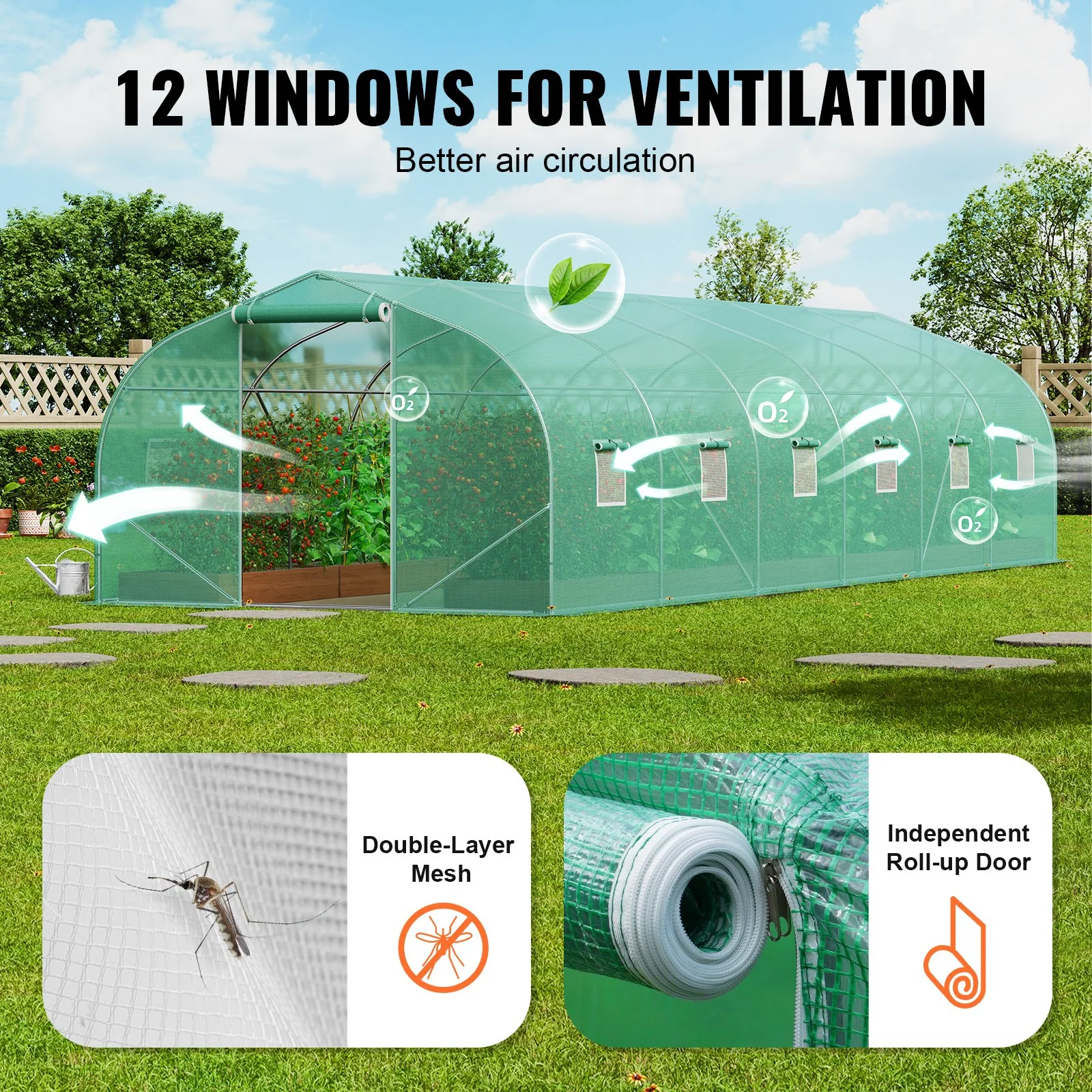 VEVOR Walk-in Tunnel Greenhouse, 29.5x9.8x6.6 ft Hoop House Greenhouse Tunnel, Peaked Roof Plant Hot House with Galvanized Steel Frame, Green PE Cover, Roll-up Zipper Door and 12 Windows for Outdoor - Image 6