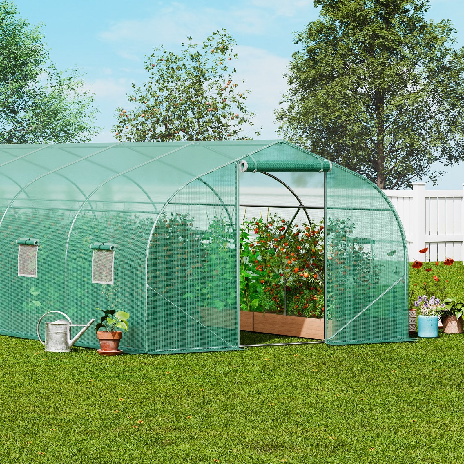 VEVOR Walk-in Tunnel Greenhouse, 29.5x9.8x6.6 ft Hoop House Greenhouse Tunnel, Peaked Roof Plant Hot House with Galvanized Steel Frame, Green PE Cover, Roll-up Zipper Door and 12 Windows for Outdoor - Image 8