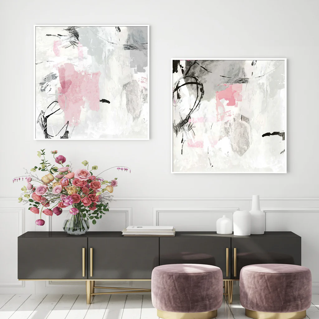 Wall Art 100cmx100cm Abstract Pink Grey 2 Sets White Frame Canvas - Image 2