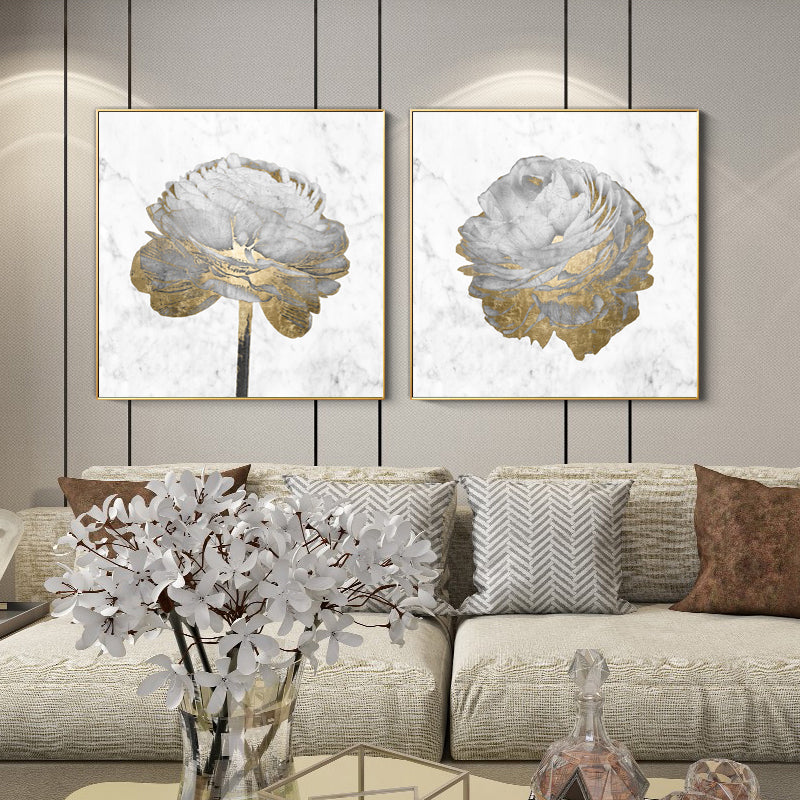 Wall Art 100cmx100cm Gold And White Blossom On White 2 Sets Gold Frame Canvas - Image 2