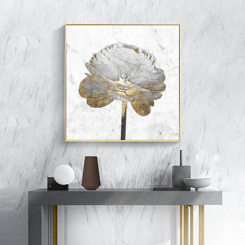 Wall Art 100cmx100cm Gold And White Blossom On White 2 Sets Gold Frame Canvas - Image 3