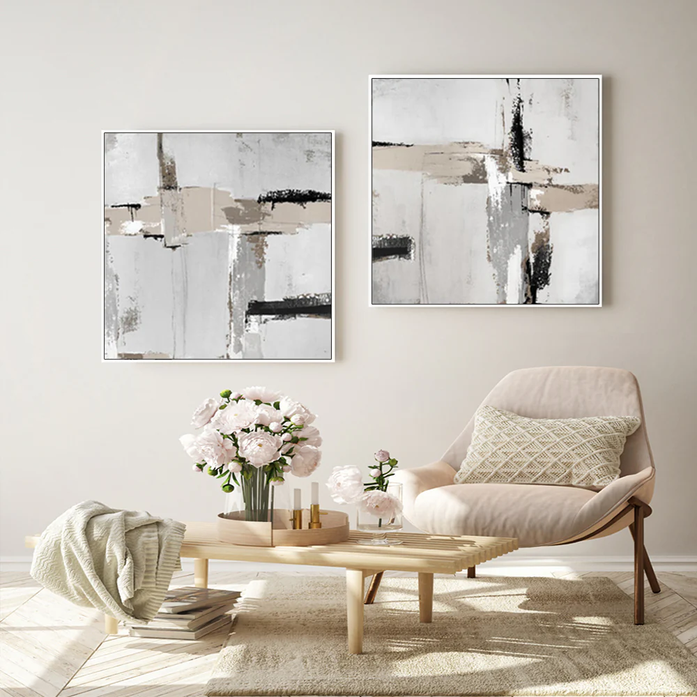 Wall Art 100cmx100cm Neutral Abstract 2 Sets White Frame Canvas - Image 2
