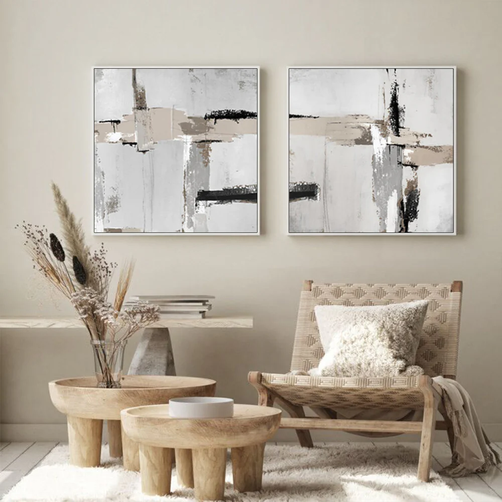 Wall Art 100cmx100cm Neutral Abstract 2 Sets White Frame Canvas - Image 3