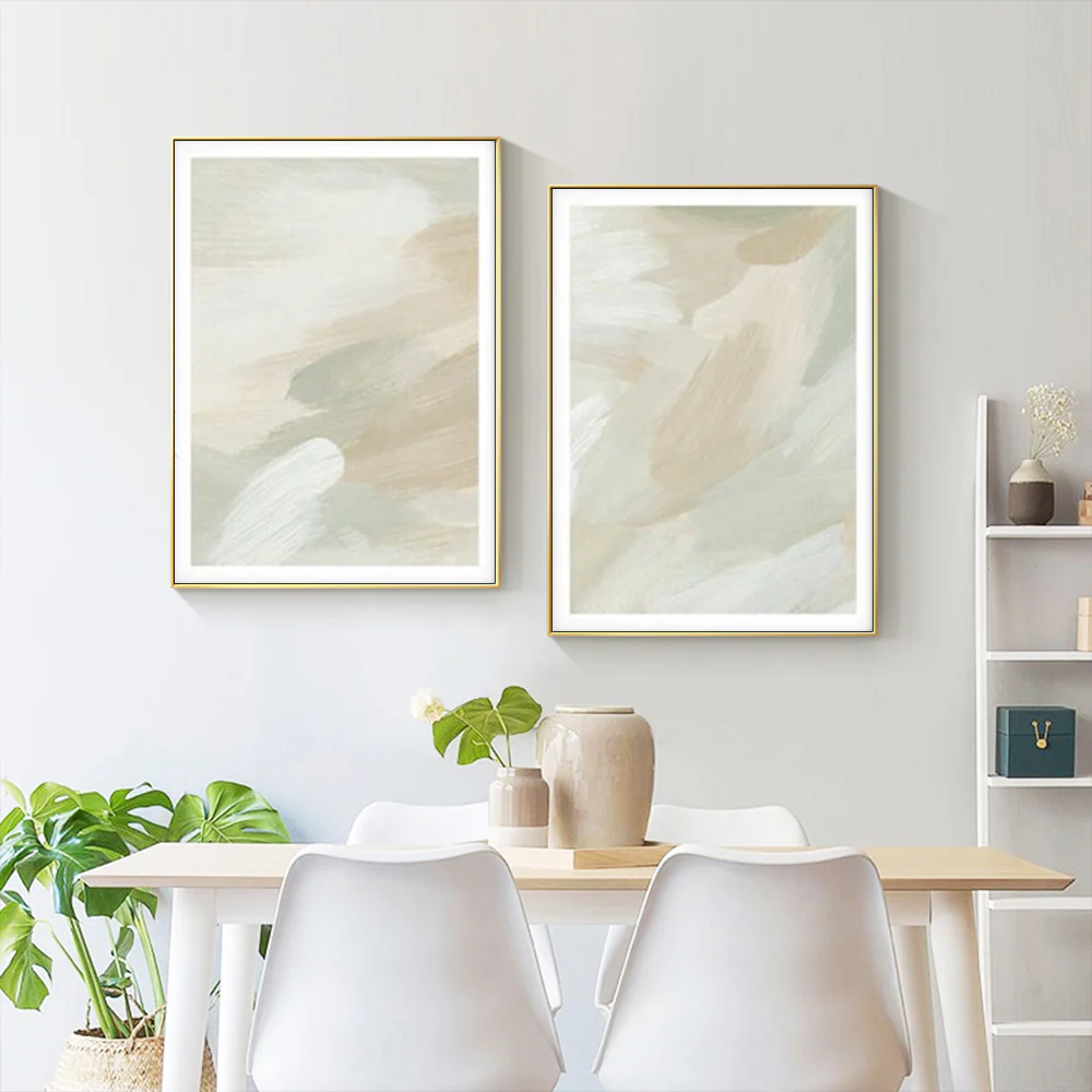 Wall Art 100cmx150cm Beige and Sage Green 2 Sets Gold Frame Canvas - Image 2