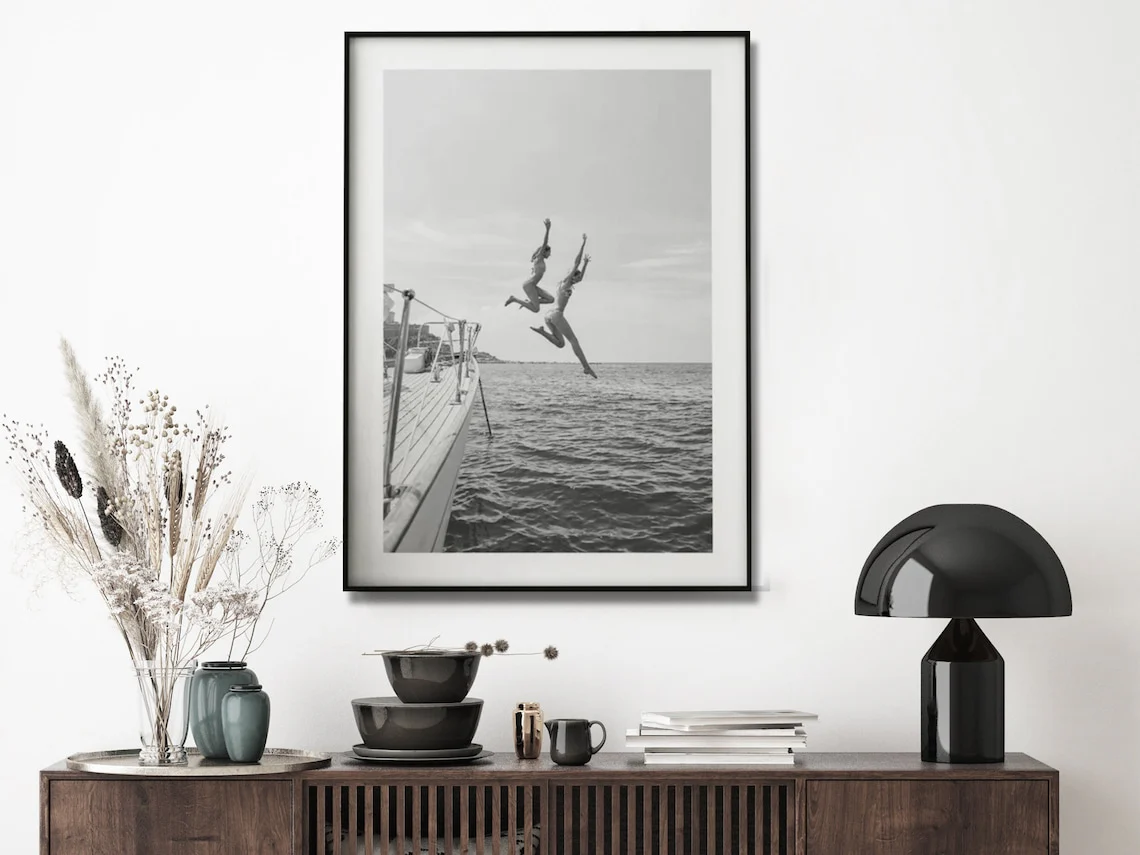 Wall Art 100cmx150cm Black and White Ocean Jump, Black Frame Canvas - Image 2