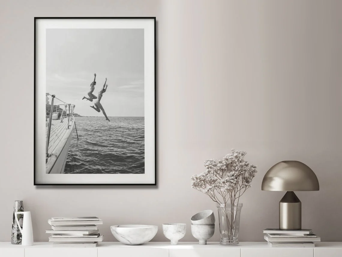 Wall Art 100cmx150cm Black and White Ocean Jump, Black Frame Canvas - Image 3