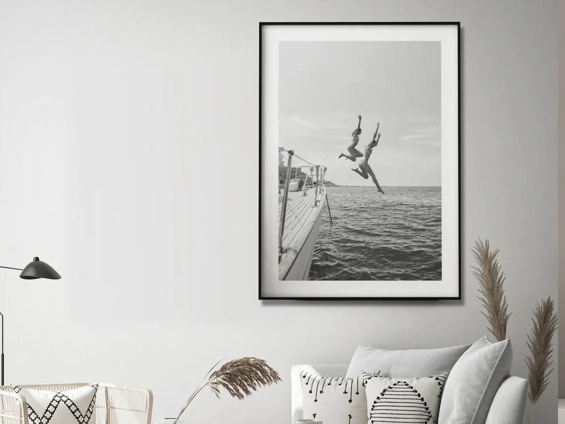Wall Art 100cmx150cm Black and White Ocean Jump, Black Frame Canvas - Image 5